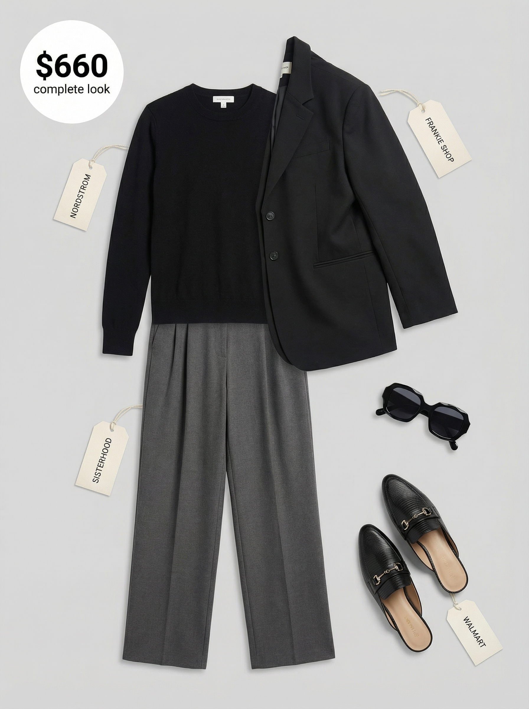 Chic Urban Explorer Travel Outfits 2024 Polished charcoal grey tailored trousers, black blazer, and mules for sophisticated travel outfits during urban sightseeing or business trips.