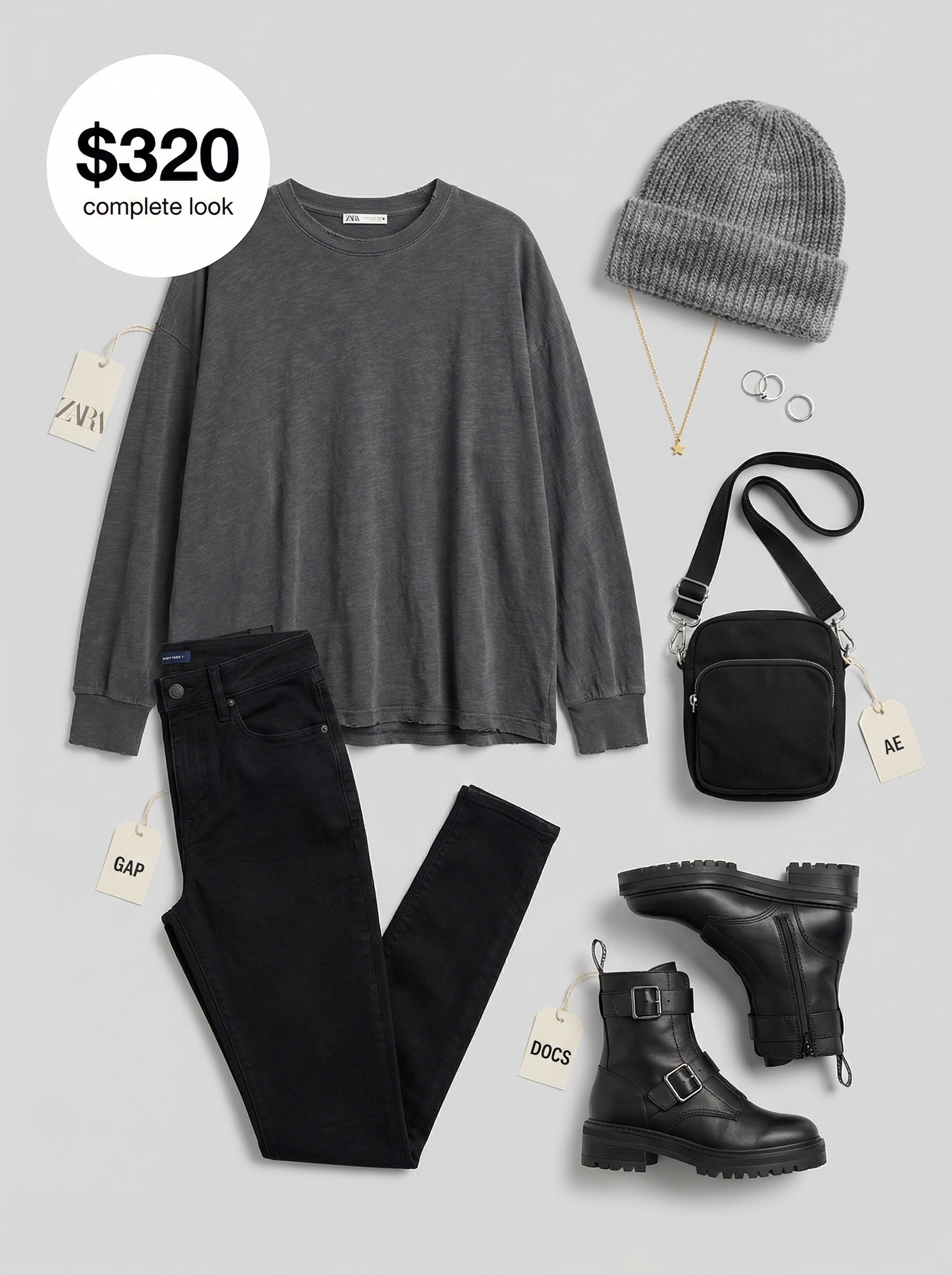 Edgy Weekend Getaway Travel Outfits 2024 Edgy and comfortable travel outfits for a weekend getaway: a charcoal graphic t-shirt, black faux leather leggings, a cropped denim jacket, and combat boots.