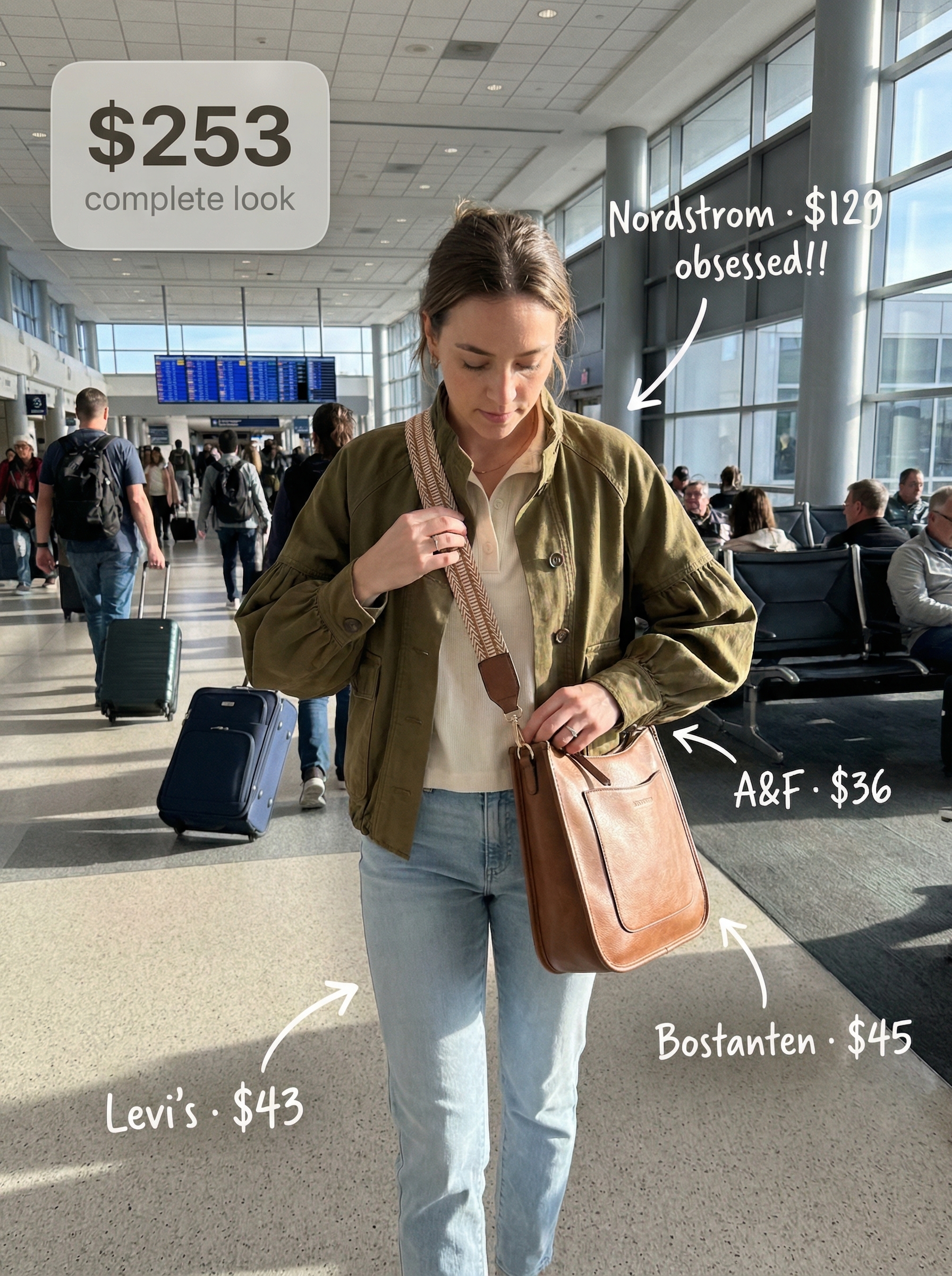 Relaxed Weekend Wanderer Travel Outfits 2024 Relaxed weekend travel outfits featuring an olive green utility jacket, light wash jeans, a beige loose knit top, brown suede ankle boots, and a crossbody bag.