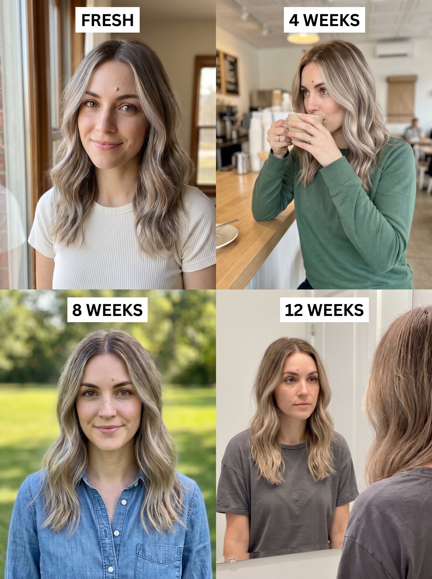 Effortless mushroom blonde balayage, a natural and sophisticated true summer hair color 2026, enhanced with a blue-violet toning mask.