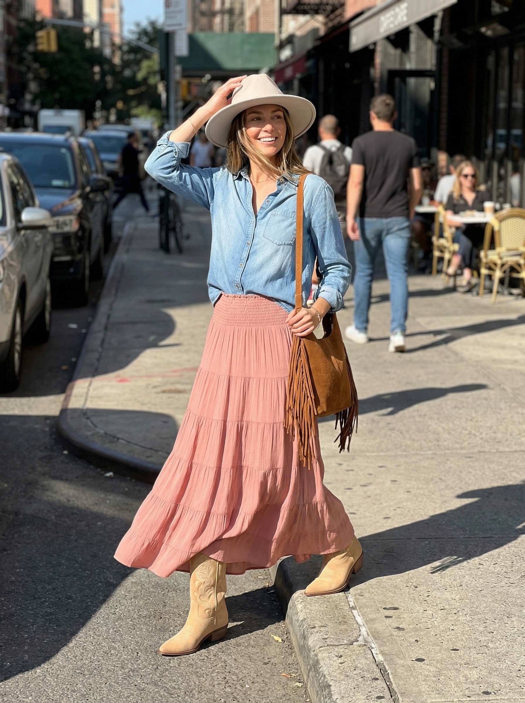 A bohemian western chic look with a dusty rose tiered maxi skirt, tan cowboy boots, a fringed bag, and a light wash denim shirt.