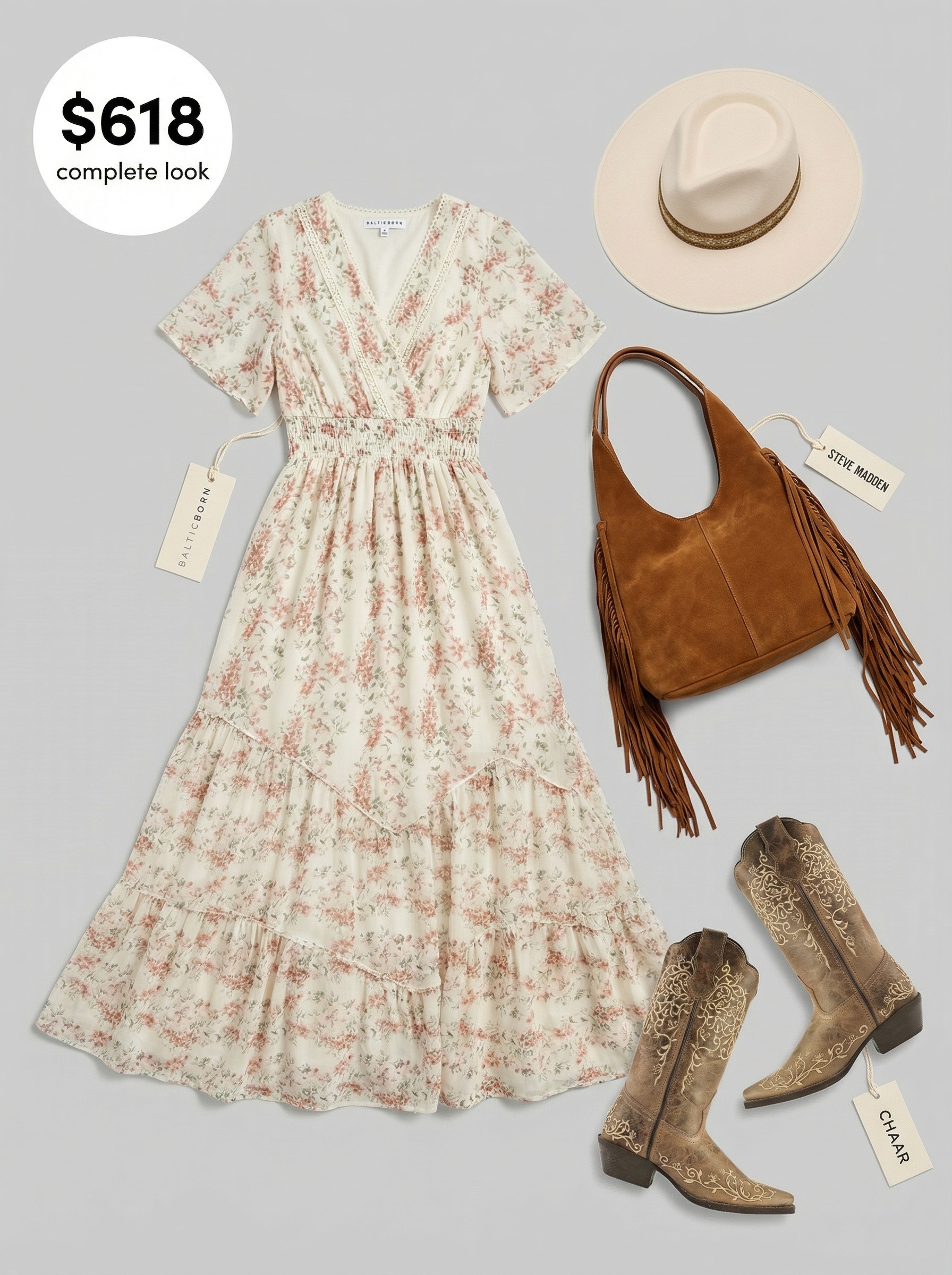 A woman models a striking western chic outfit for a music festival, featuring a dusty rose floral maxi dress, tan cowboy boots, a fringed suede bag, and a cream wide-brim hat. This bohemian look is perfect for outdoor concerts or casual brunch.