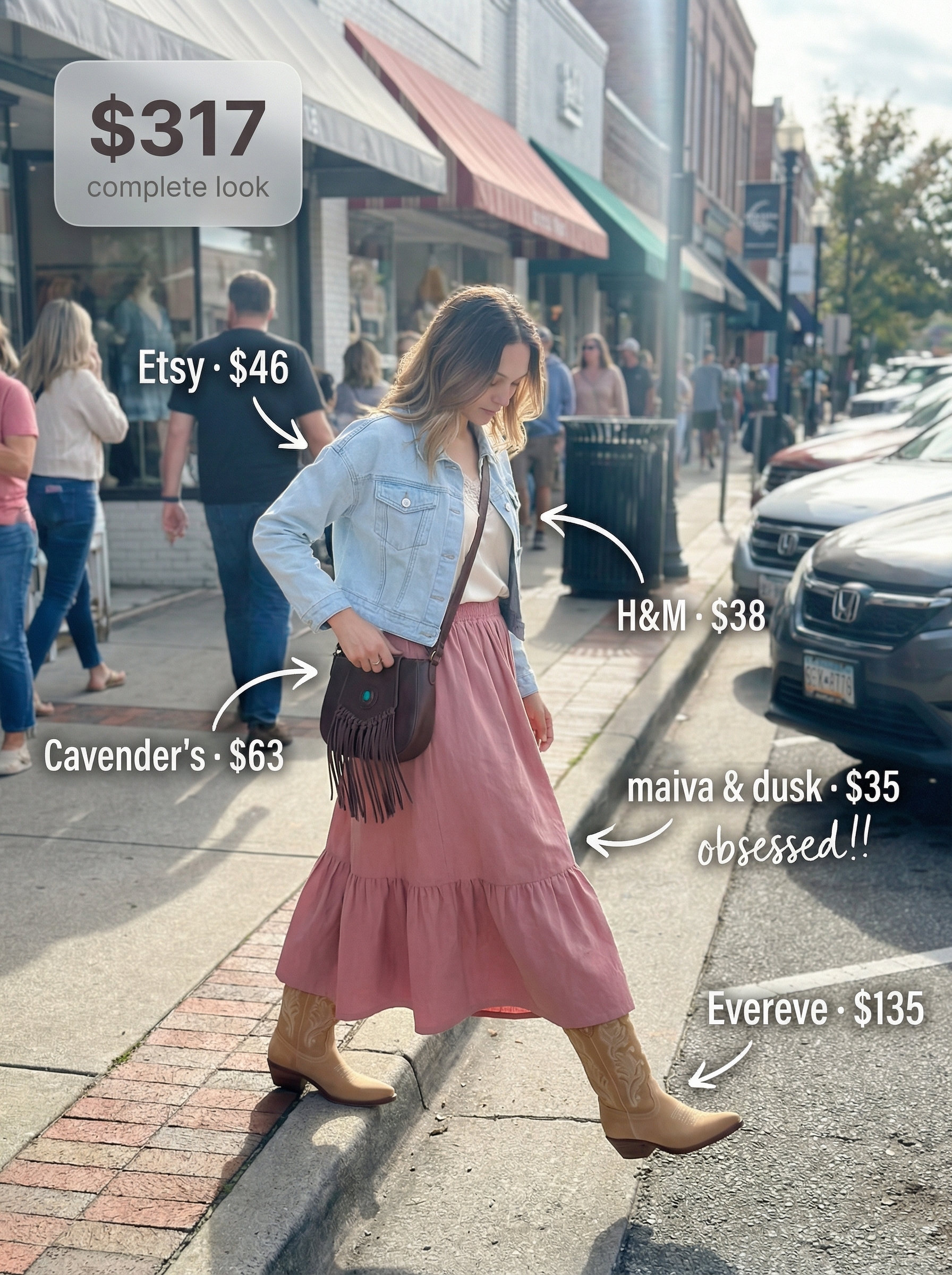 A romantic western chic outfit featuring a dusty rose tiered midi skirt, a lace camisole, embroidered cowboy boots, and a denim jacket.