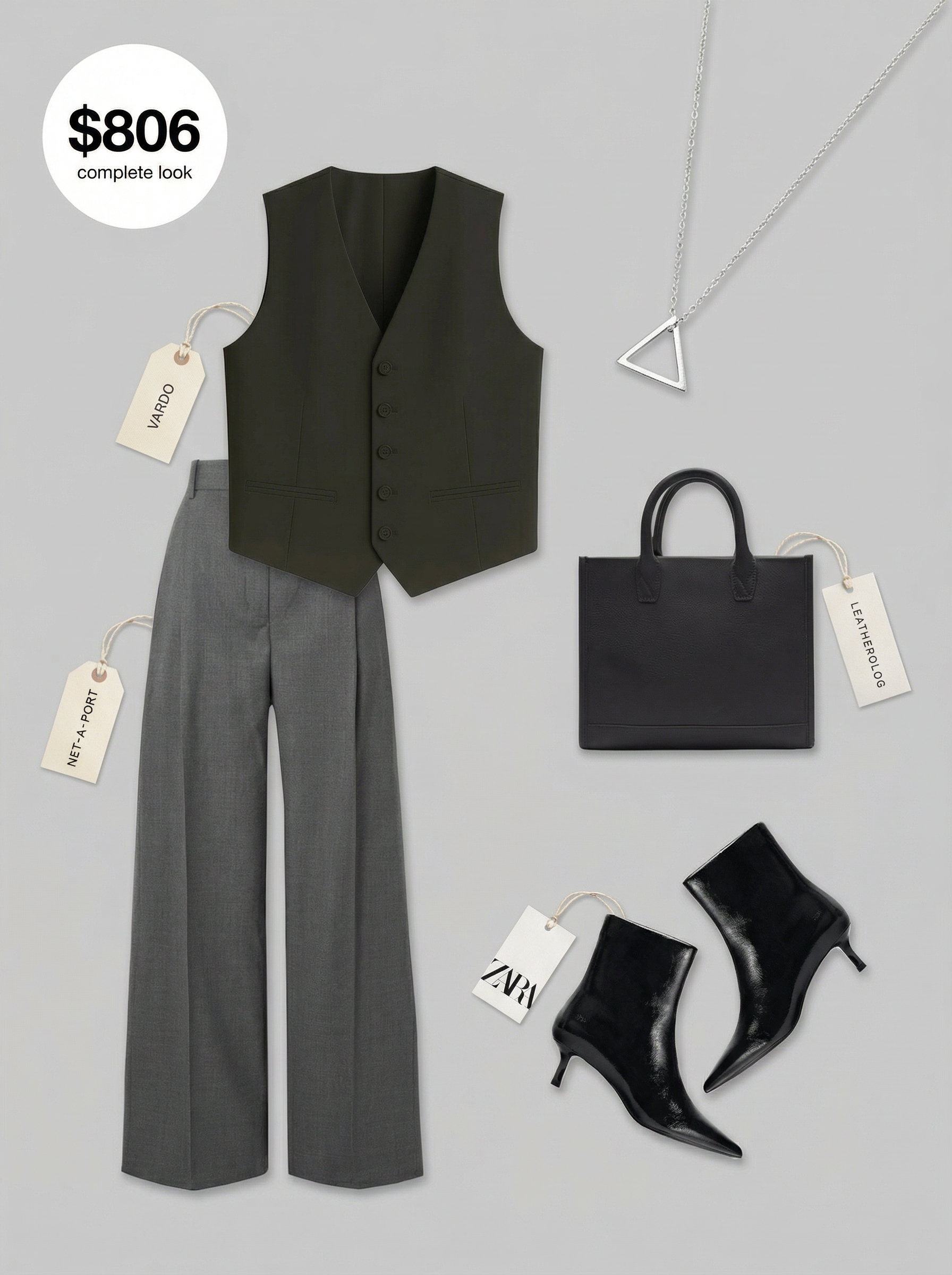 A powerful western chic outfit featuring charcoal grey wide-leg tailored trousers, a matching vest, black patent leather ankle boots, and a structured top-handle bag. This sophisticated look is perfect for a work meeting or fashion event.
