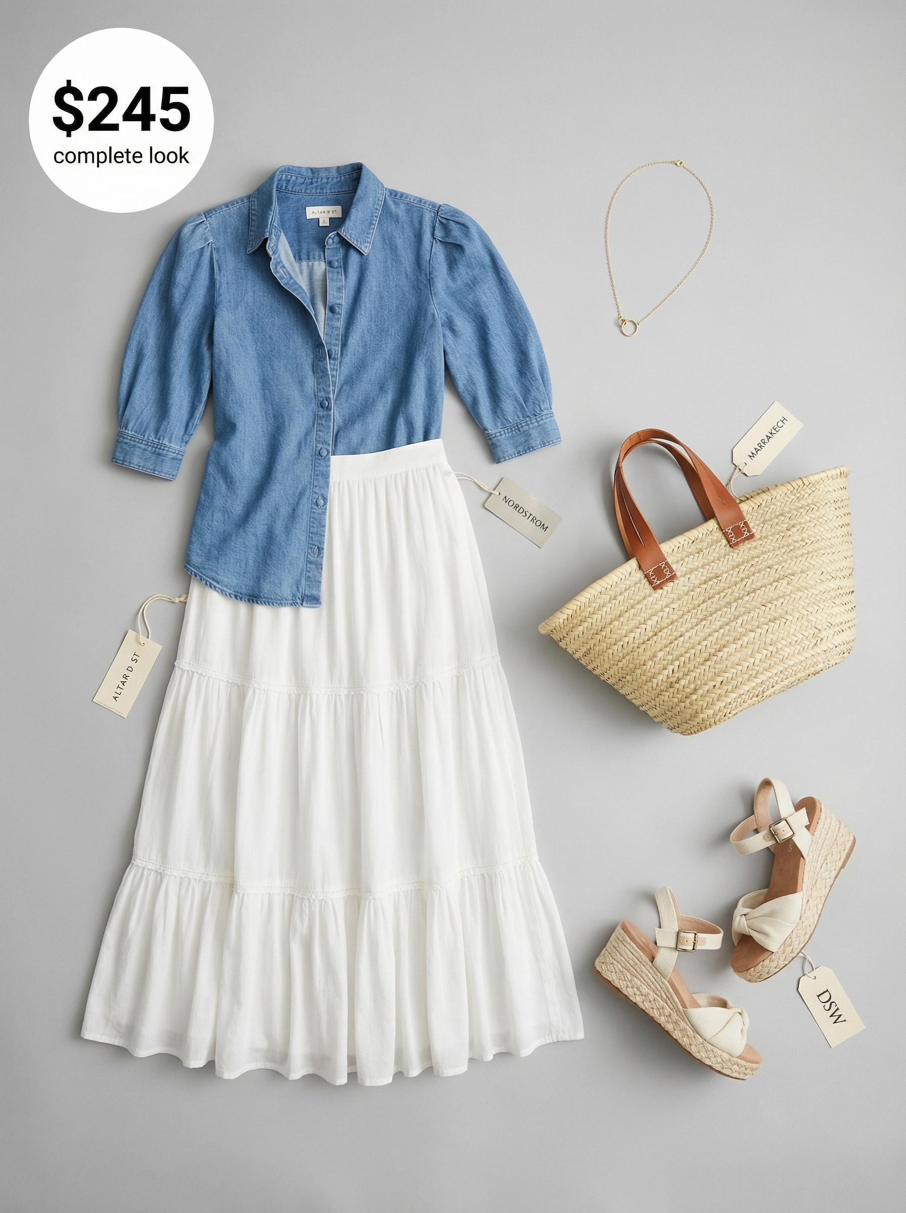 A sweet prairie chic brunch outfit with a cream tiered maxi skirt, puff-sleeve denim top, woven tote bag, and espadrille wedges.
