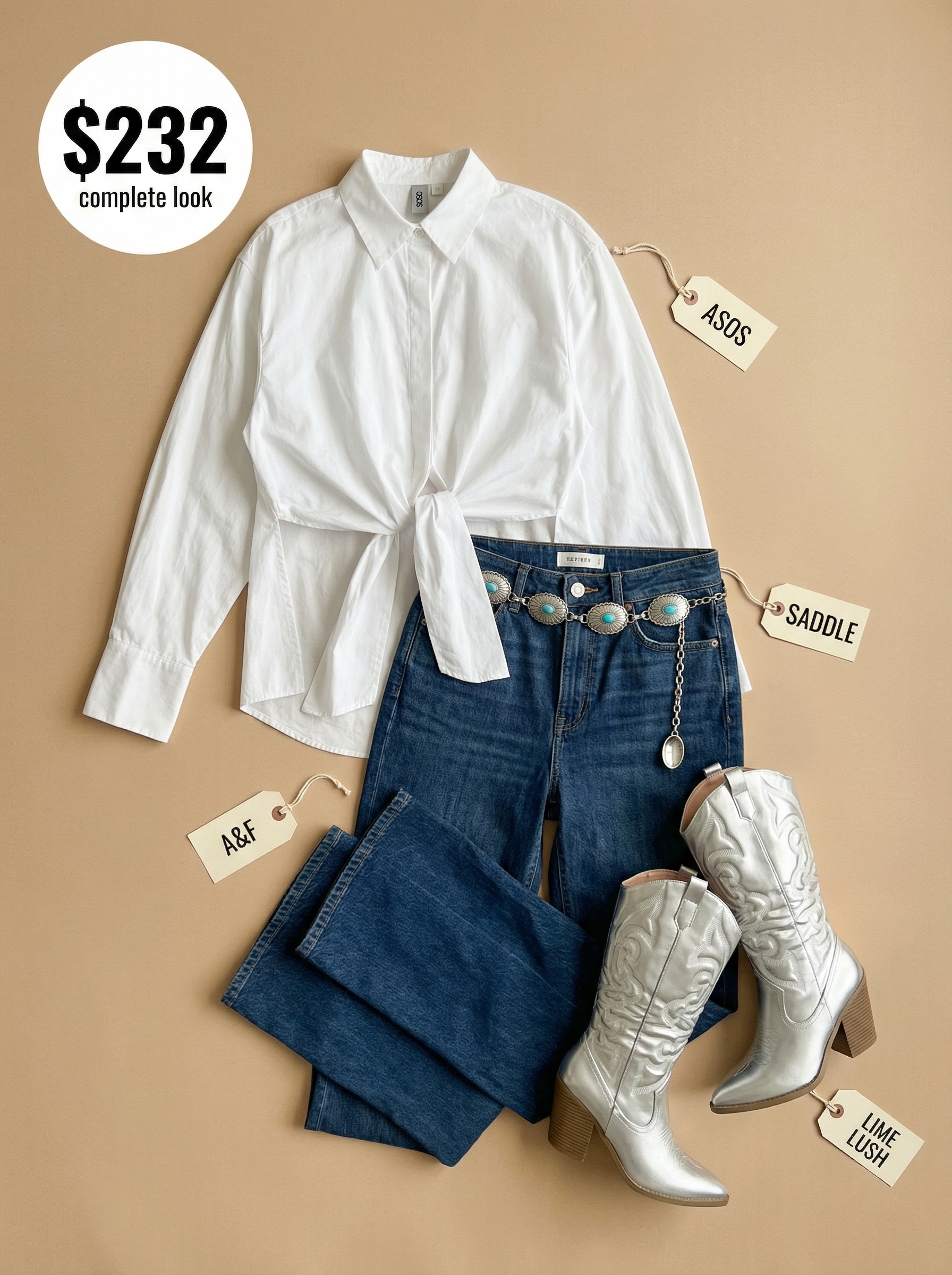 A confident woman showcases a western chic outfit with dark wash flare jeans, a white crop tank, and metallic silver cowboy boots.