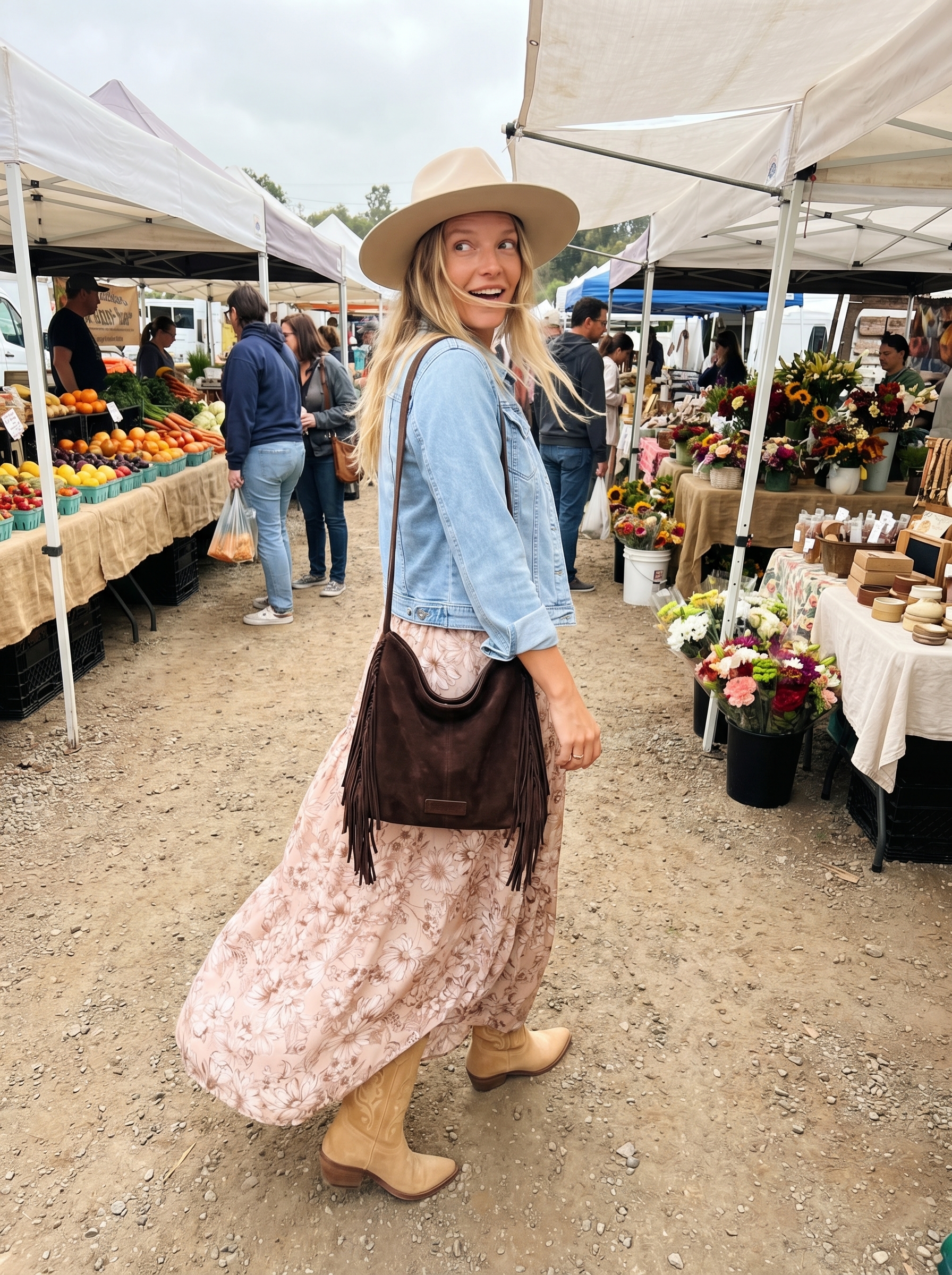 Bohemian dusty rose floral maxi dress with a denim jacket and tan cowboy boots for western summer outfits perfect for festivals. Fringed suede bag and felt fedora complete the relaxed look.