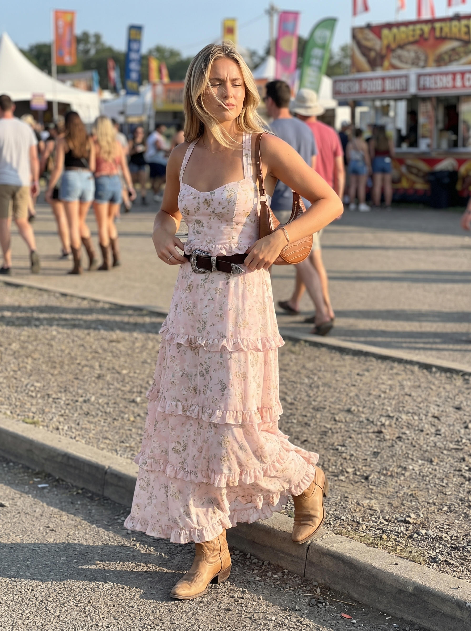 Feminine western summer outfit 2026: a dusty rose floral maxi dress, classic cowboy boots, a structured saddle bag, and a wide western belt for an outdoor concert.
