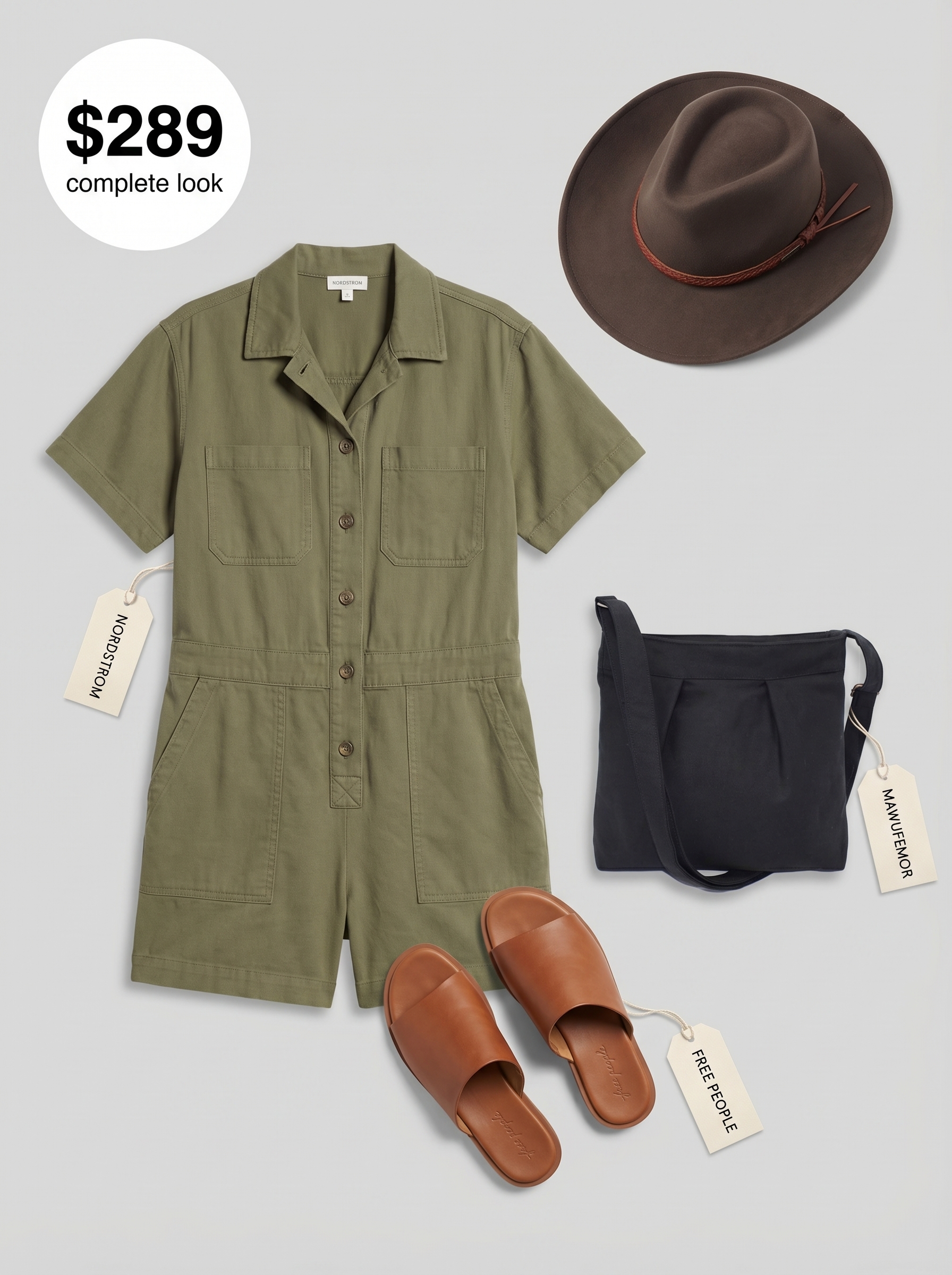 Effortless khaki utility romper styled for western summer outfits for a day trip. Paired with brown slide sandals, a black canvas crossbody, and a wide-brimmed felt hat.