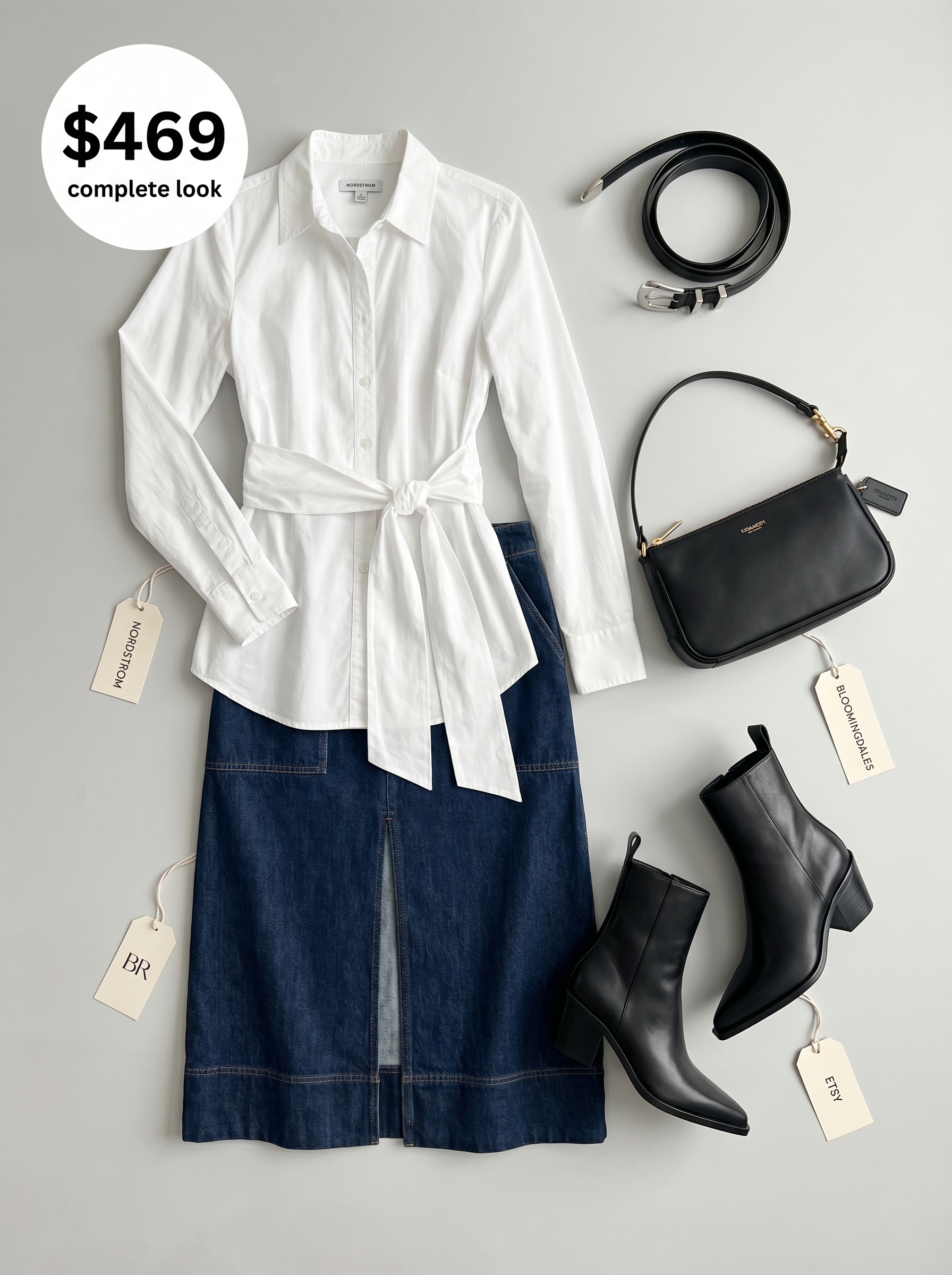 Confident western summer outfit with an indigo denim midi skirt, crisp white shirt, black cowboy boots, and classic western belt. Perfect for chic evening events.