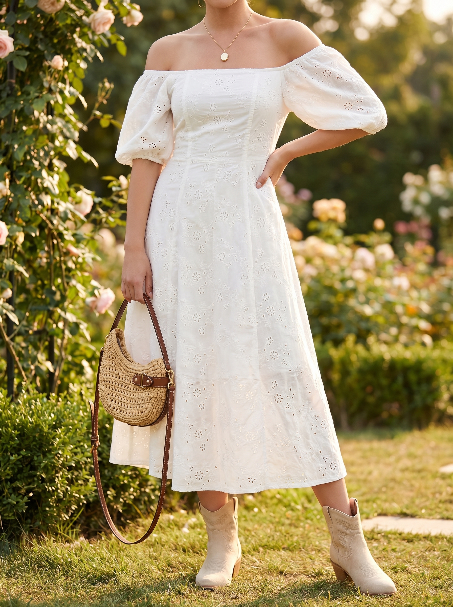 Romantic western summer outfit 2026: an ivory prairie midi dress, light beige suede ankle boots, and a woven straw crossbody bag suitable for a garden party.