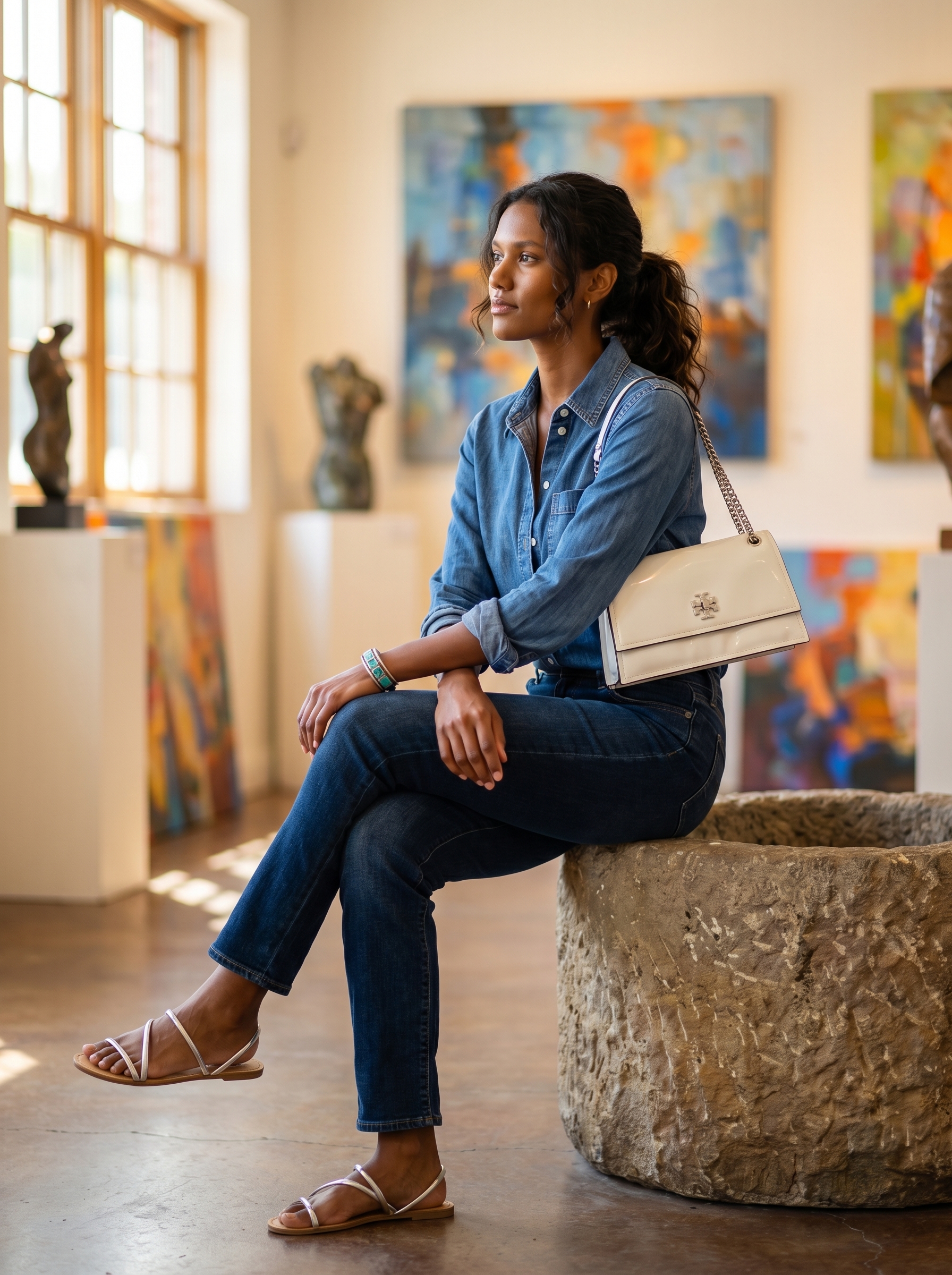 Elegant western summer outfit 2026: a denim button-down with pearl snaps, a white tiered maxi skirt, silver accessories, and turquoise jewelry for an art gallery visit.