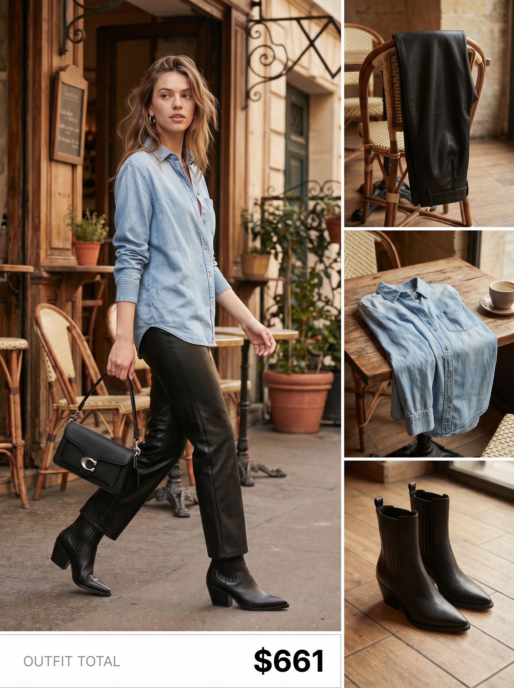 Edgy black faux leather pants and a light blue chambray shirt styled for western summer outfits for a night out. Silver earrings and black Cuban heel boots complete the confident look.