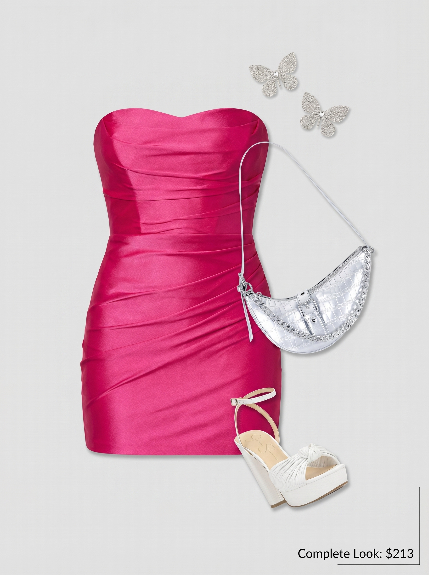Hot pink Y2K summer outfit 2026: bodycon mini dress, white platform sandals, silver baguette bag, and butterfly clips, perfect for a summer party or glamorous club night.