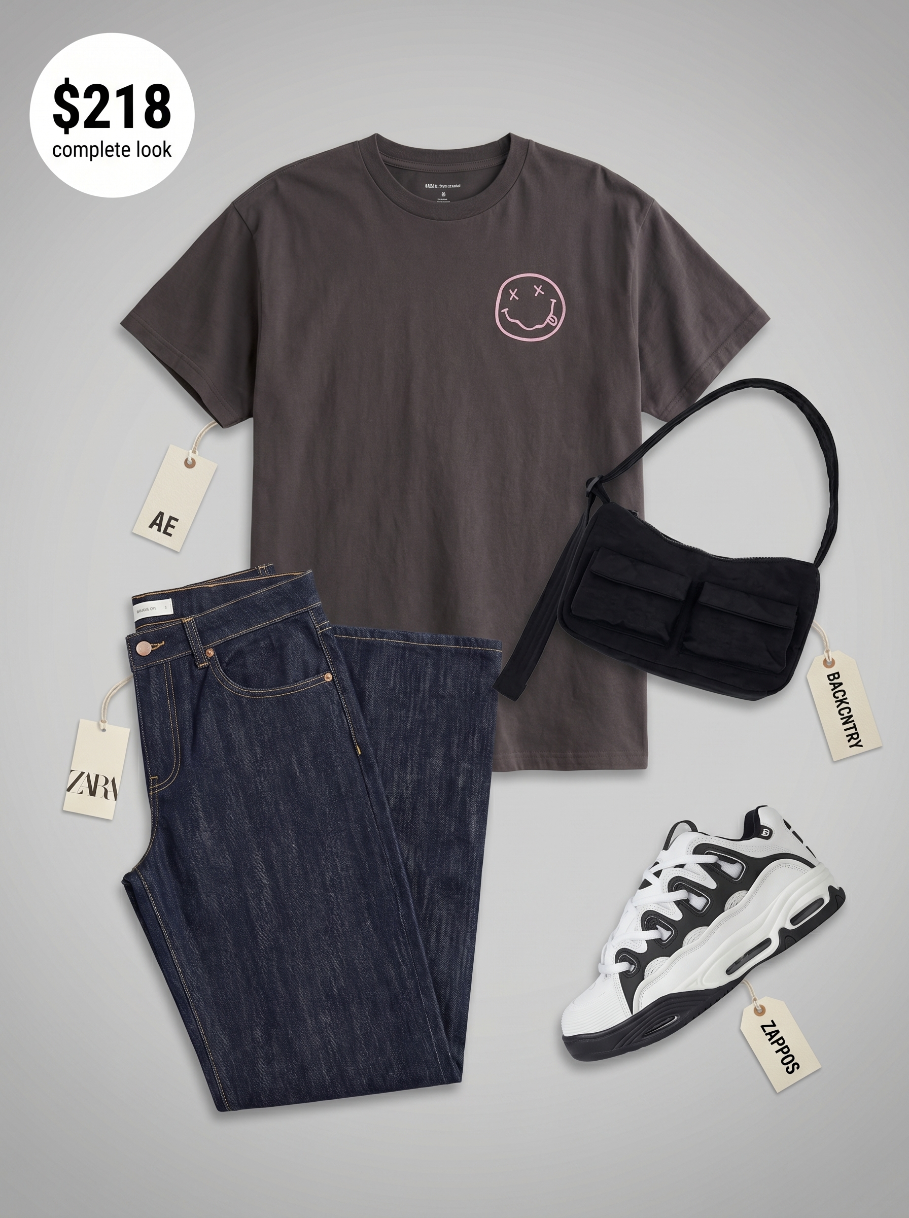 A casual cool grunge y2k summer outfit 2026 featuring an oversized graphic t-shirt, low-rise wide-leg jeans, and chunky skate sneakers, perfect for errands.