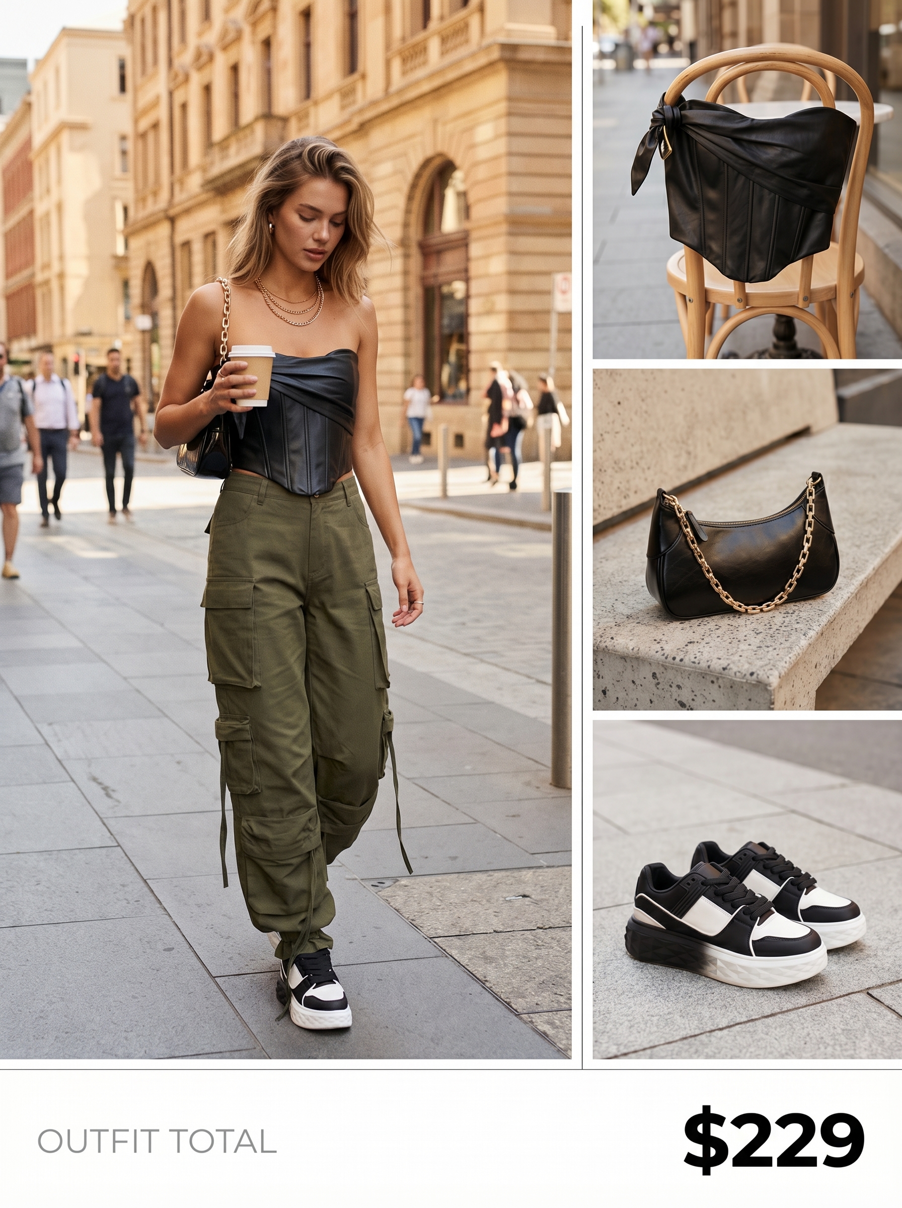 An edgy 'City Girl Chic' y2k summer outfit 2026 with an olive green cargo pants, black cropped corset top, chunky platform sneakers, and layered gold necklaces.
