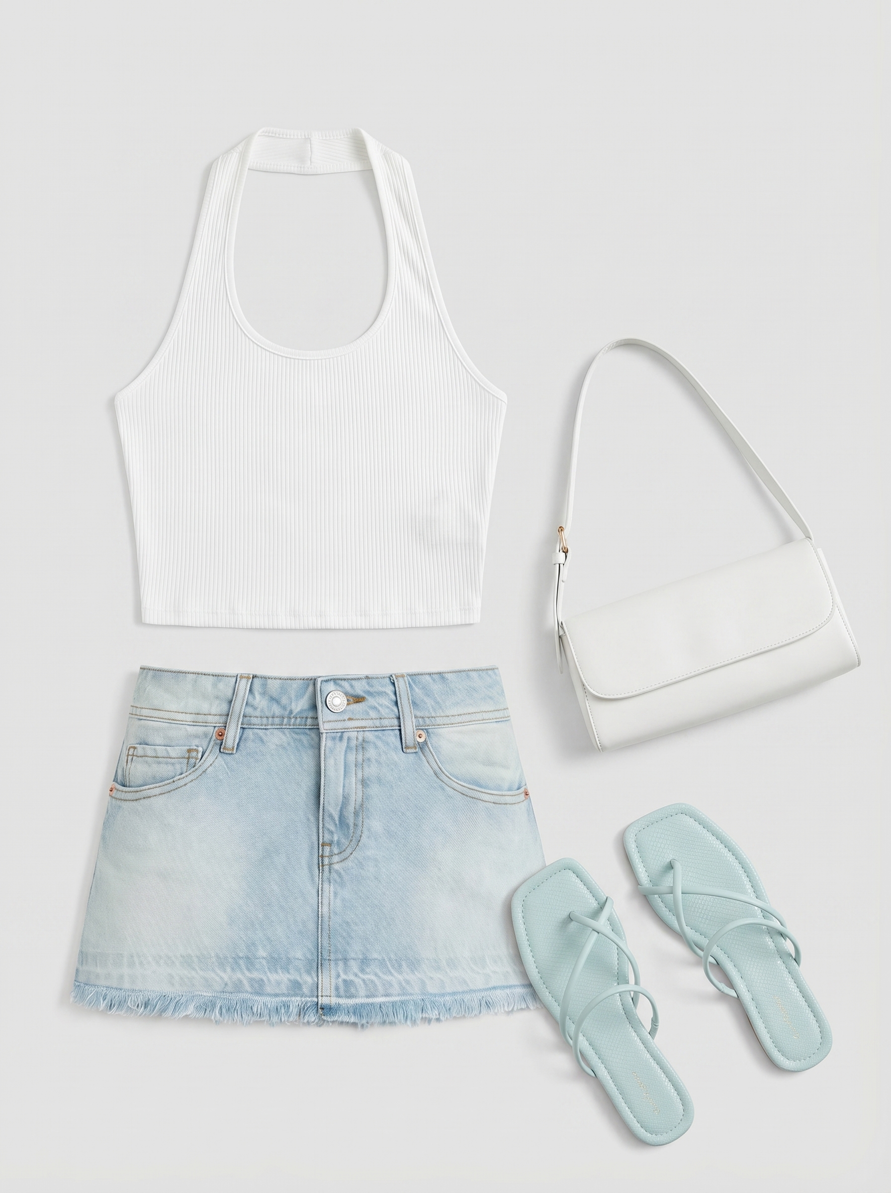 Casual Y2K summer outfit 2026 with a light wash denim mini skirt, white cropped halter top, pastel blue flat sandals, and a white baguette bag, perfect for a day out or brunch.