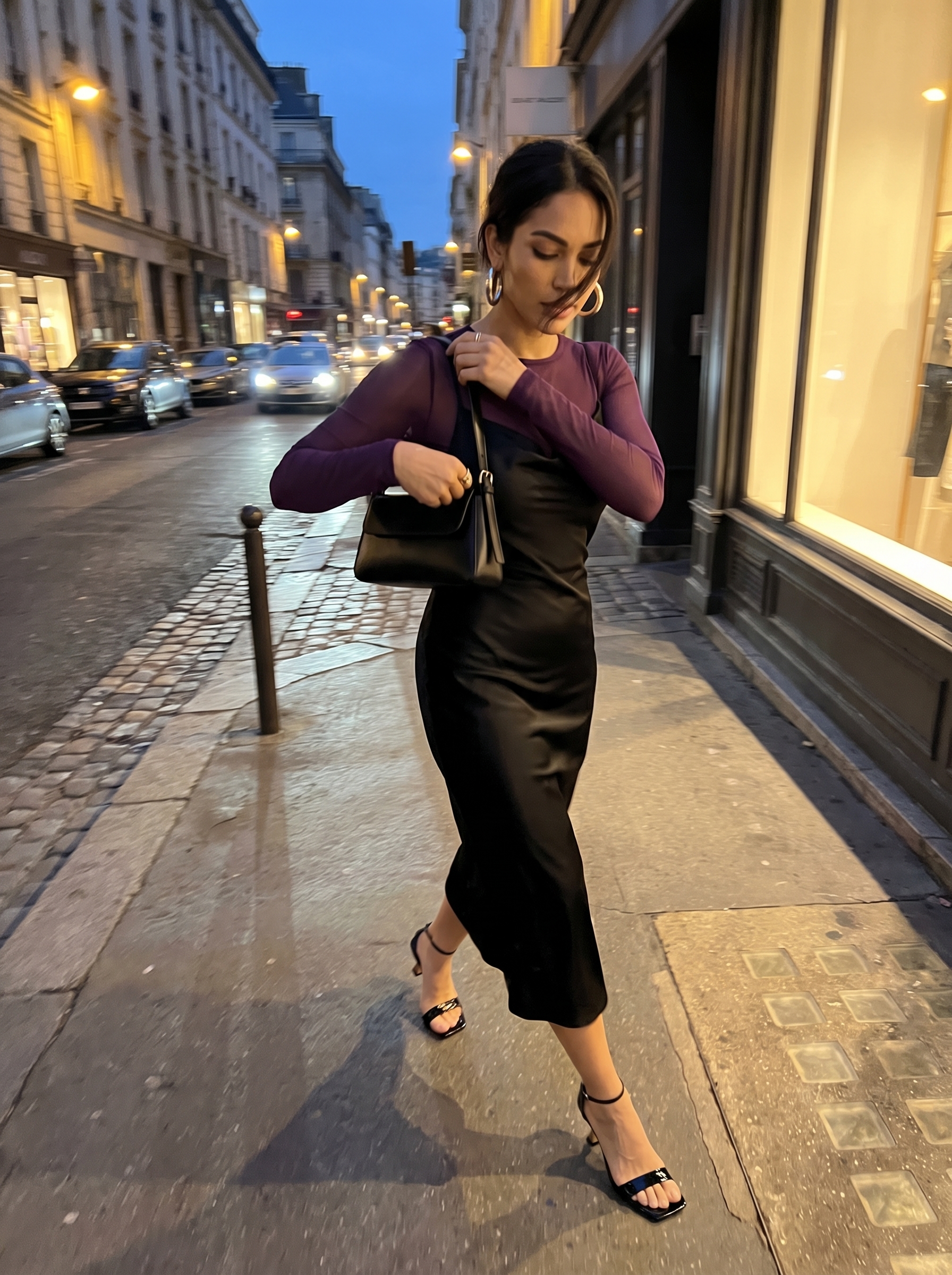 Edgy Y2K summer outfit 2026: a black satin slip dress layered with a sheer violet mesh top, square-toe heels, a black mini baguette bag, and chunky silver hoops for date night.