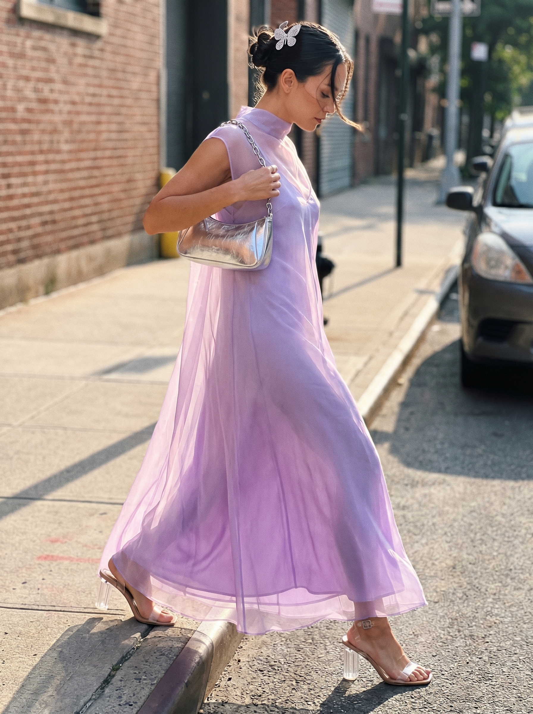 An ethereal iridescent lavender mesh maxi dress with clear heels and silver accessories, embodying y2k summer outfits 2026 festival fairy core.