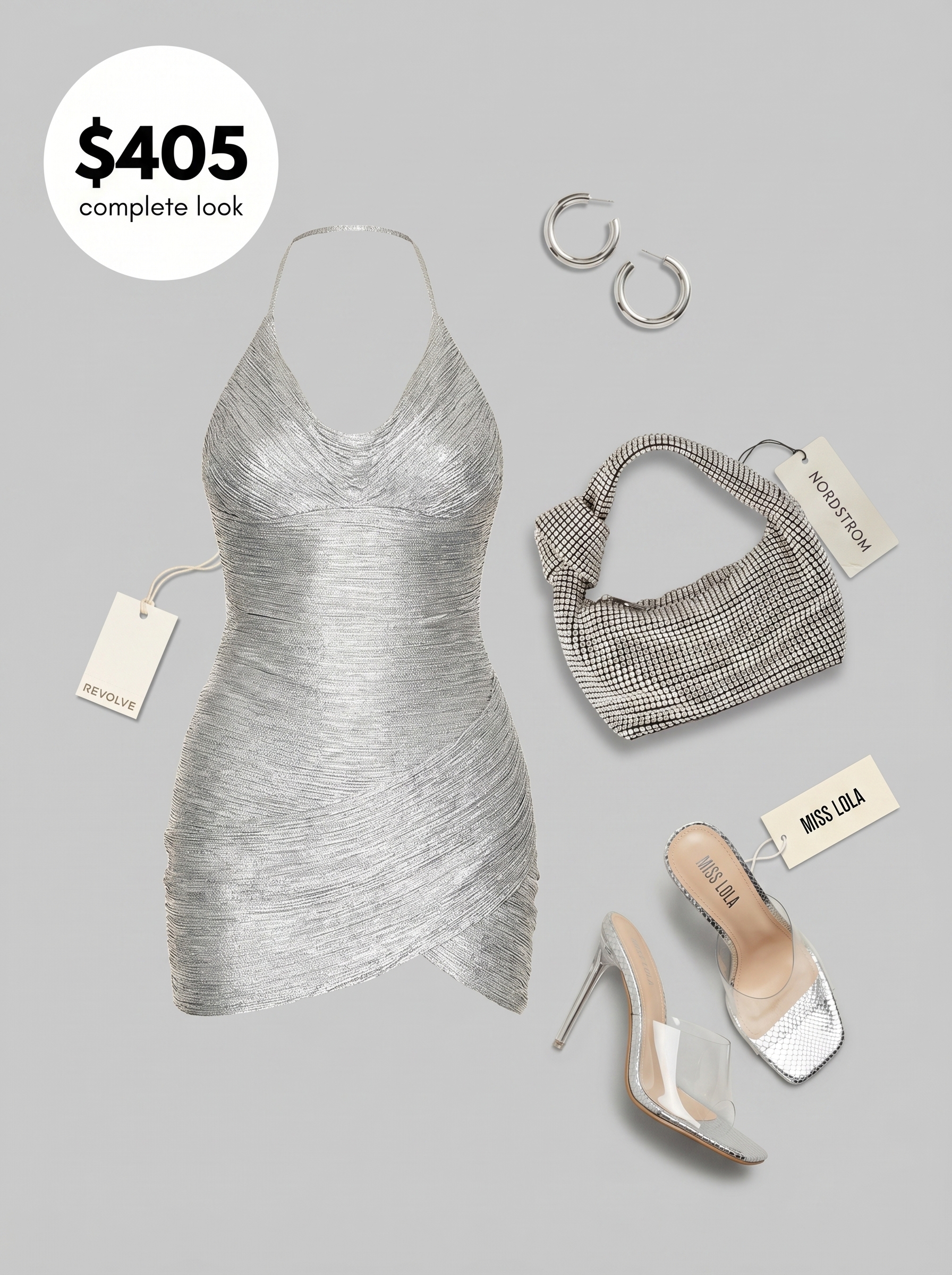 Glamorous silver metallic Y2K summer outfit 2026 featuring a bodycon mini dress, clear PVC heeled mules, a rhinestone mini bag, and chunky hoop earrings for a club night.