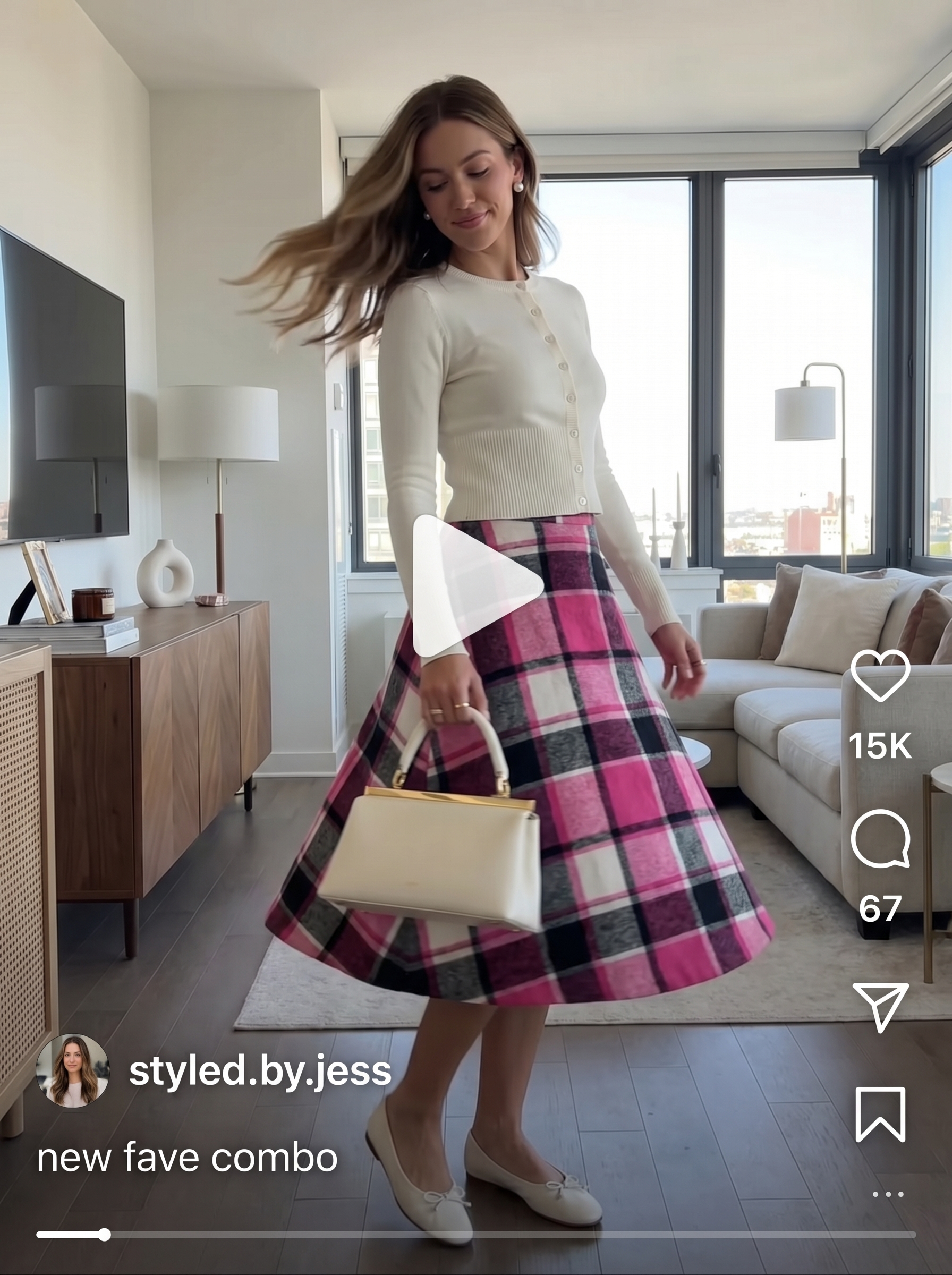 A sweet preppy outfit featuring a pink plaid mini skirt, white ballet flats, and a cream cardigan, perfect for y2k summer outfits 2026 school events.