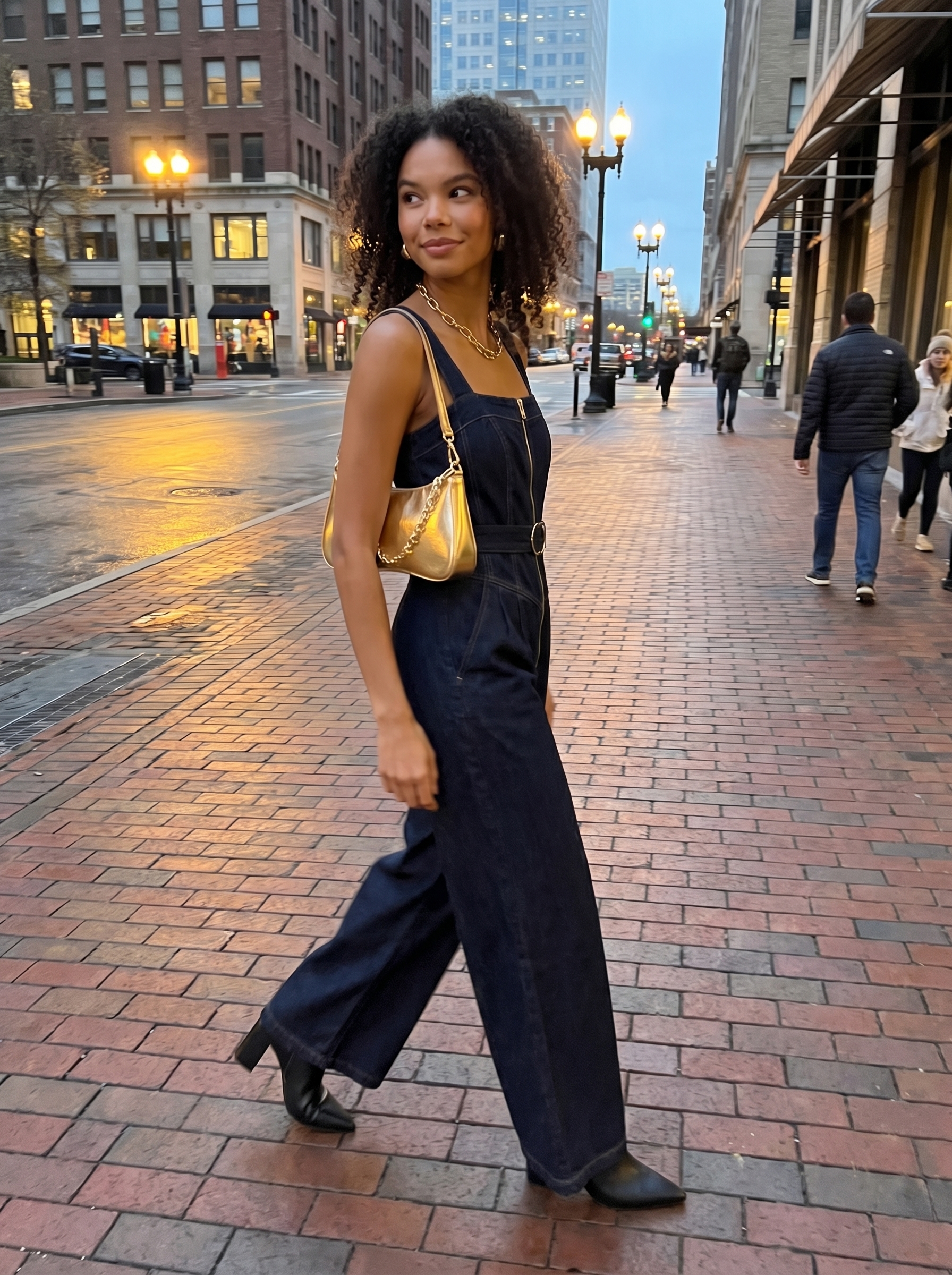 A chic 'Urban Glam' y2k summer outfit 2026 featuring a dark wash denim utility jumpsuit, metallic gold bag, chunky chain necklace, and black ankle boots.