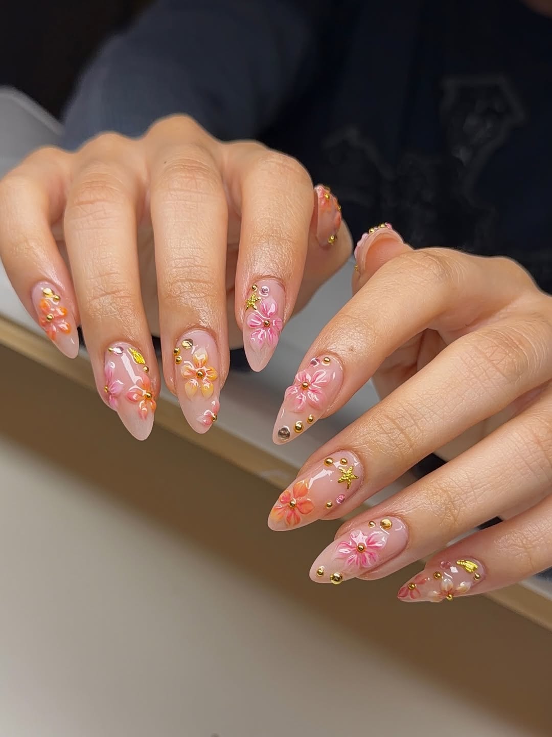 3D Floral Bloom Almond Gel Nails with Gold Charms
