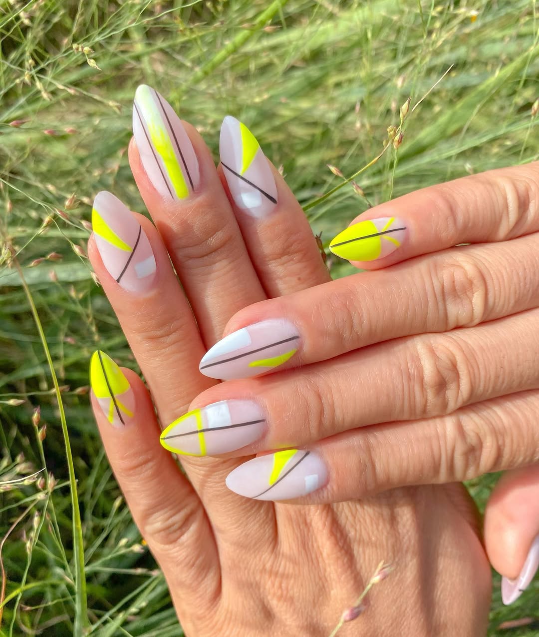 Abstract Neon Yellow and White Almond Nails