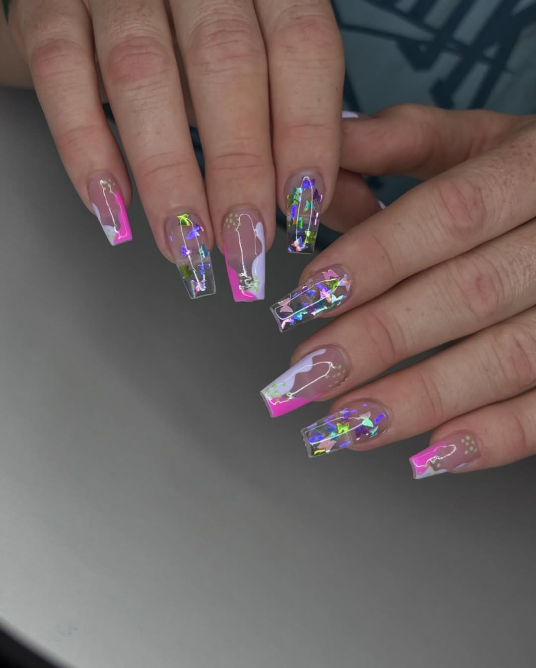 Acrylic Coffin Nails with Neon Pink Squiggle and Glitter