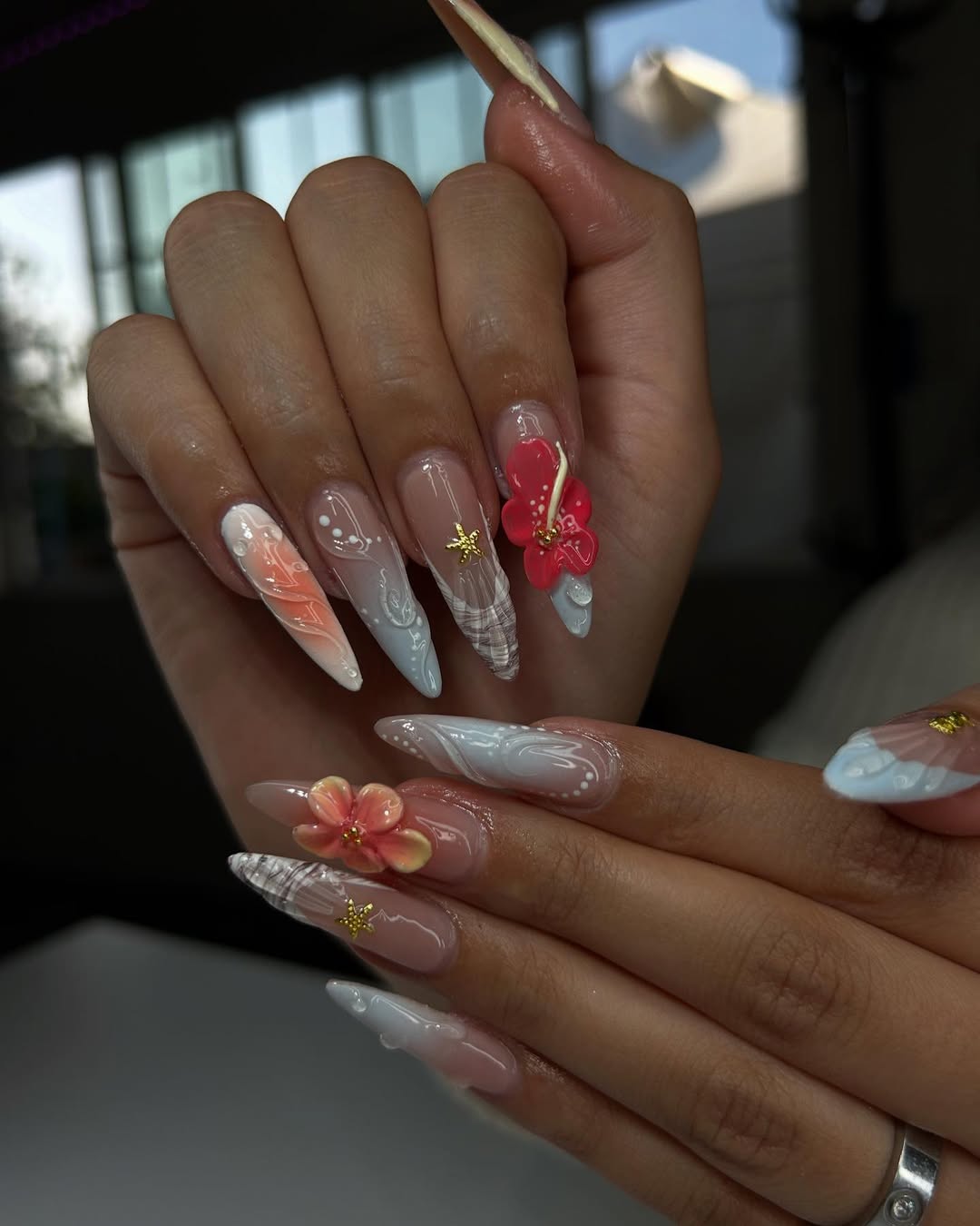 Acrylic Floral Ombre Stiletto Nails With 3D Charms