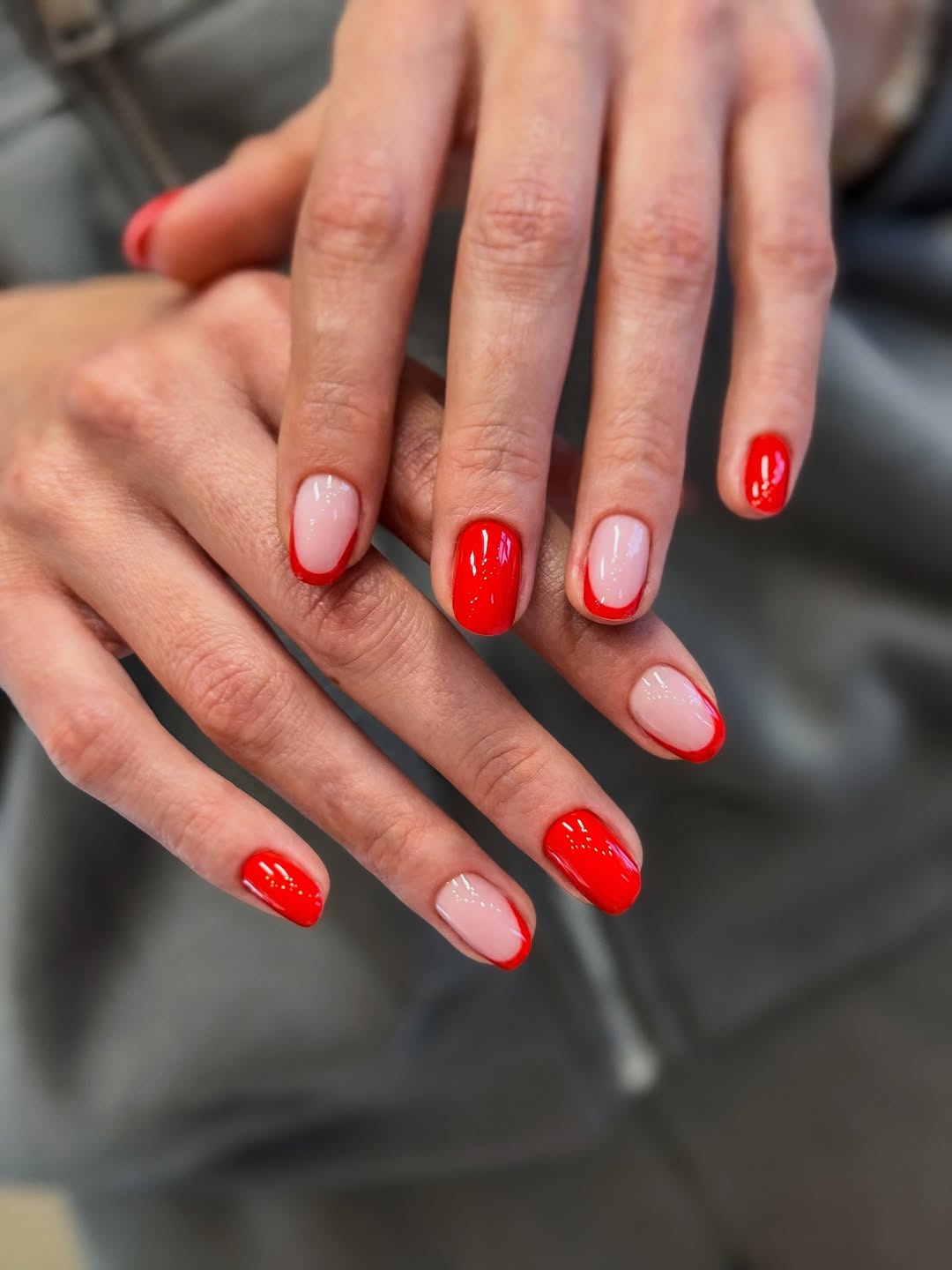 Alternating Red and Pink Inverse French Manicure