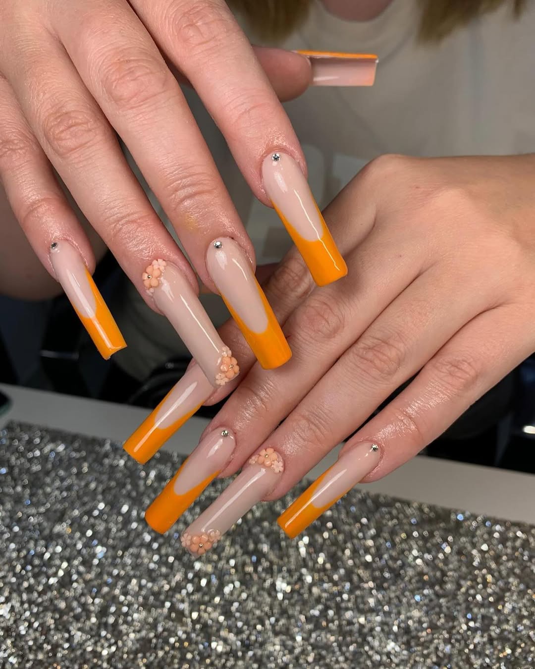 Apricot Orange V-French with Nude 3D Floral Accents