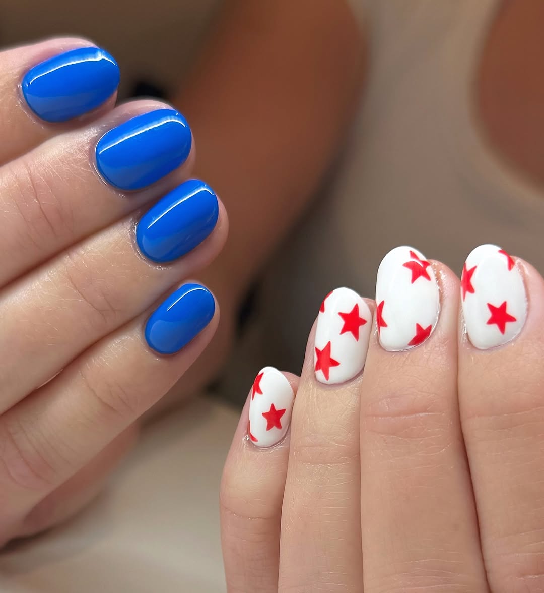 Asymmetrical Royal Blue And Star Spangled Celebration Nails