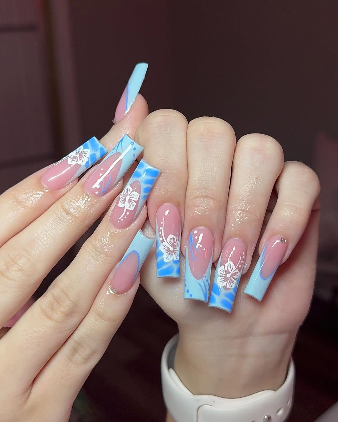 Baby Blue French Tips With White Floral Art