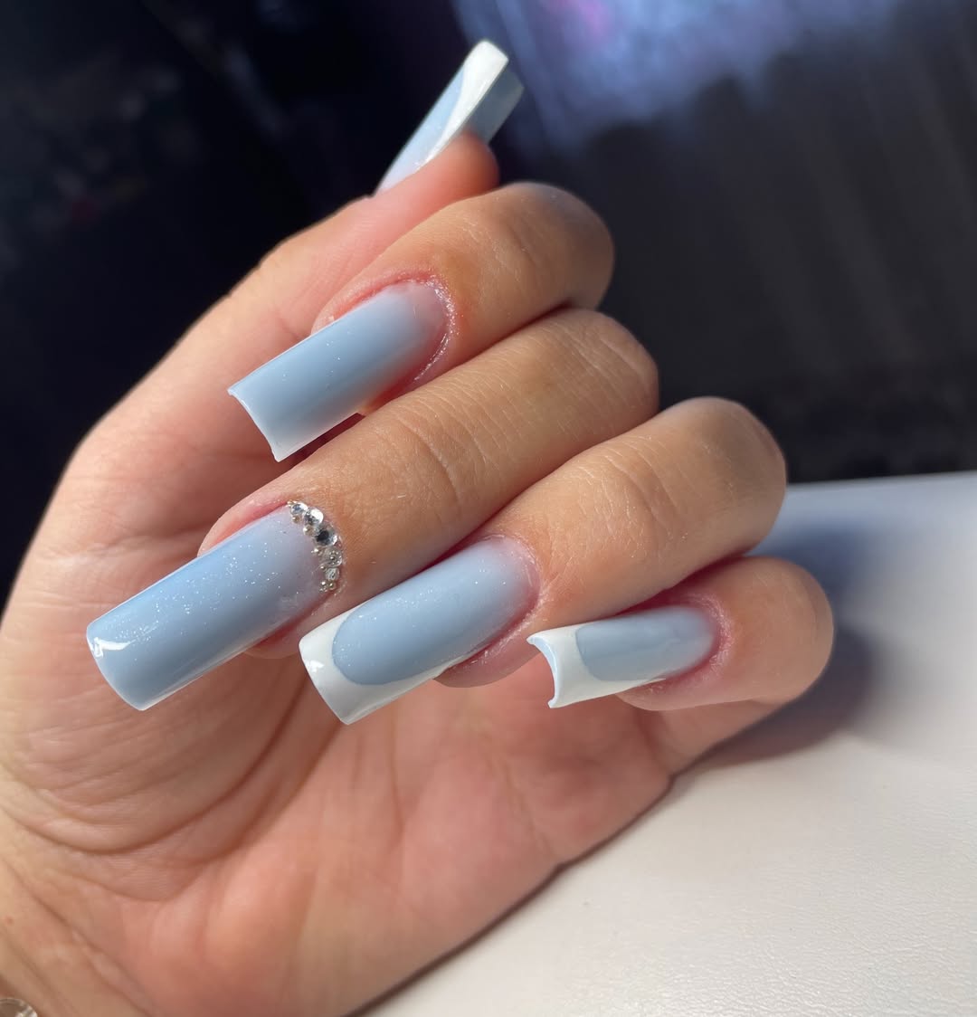 Baby Blue Ombre Coffin Nails with Rhinestone Accent