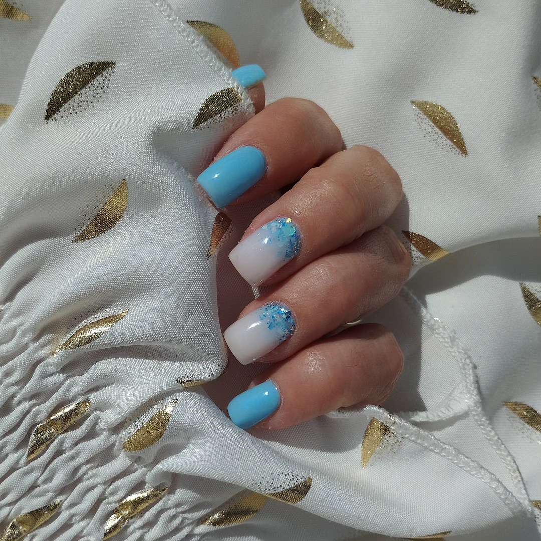 Blue and Milky Ombre Glitter Square Nails
