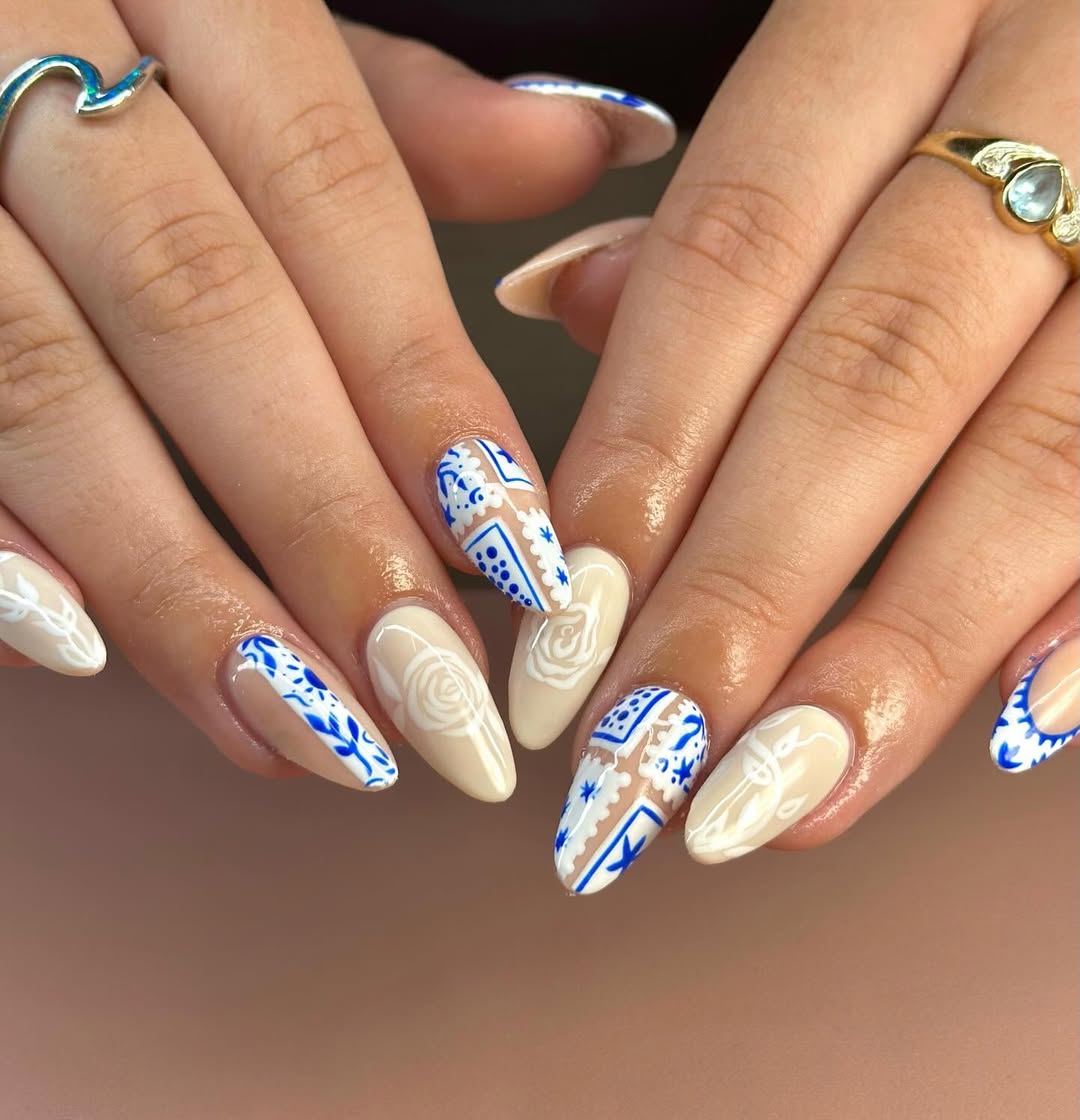 Blue and White Ornate Pattern Almond Nails