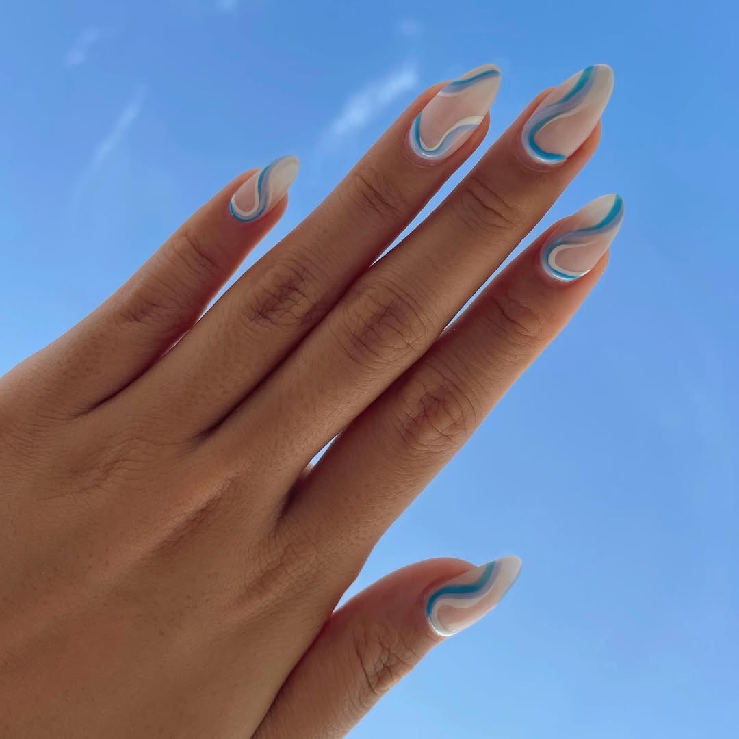 Blue and White Swirl Abstract Almond Nails