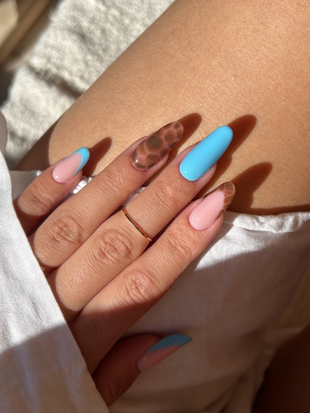 Blue Brown Marble Summer French Coffin Nails