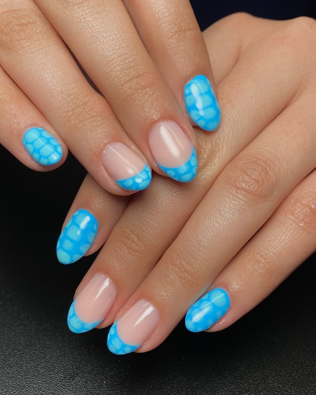Blue Bubble French Tips and Swirl Accent Nails