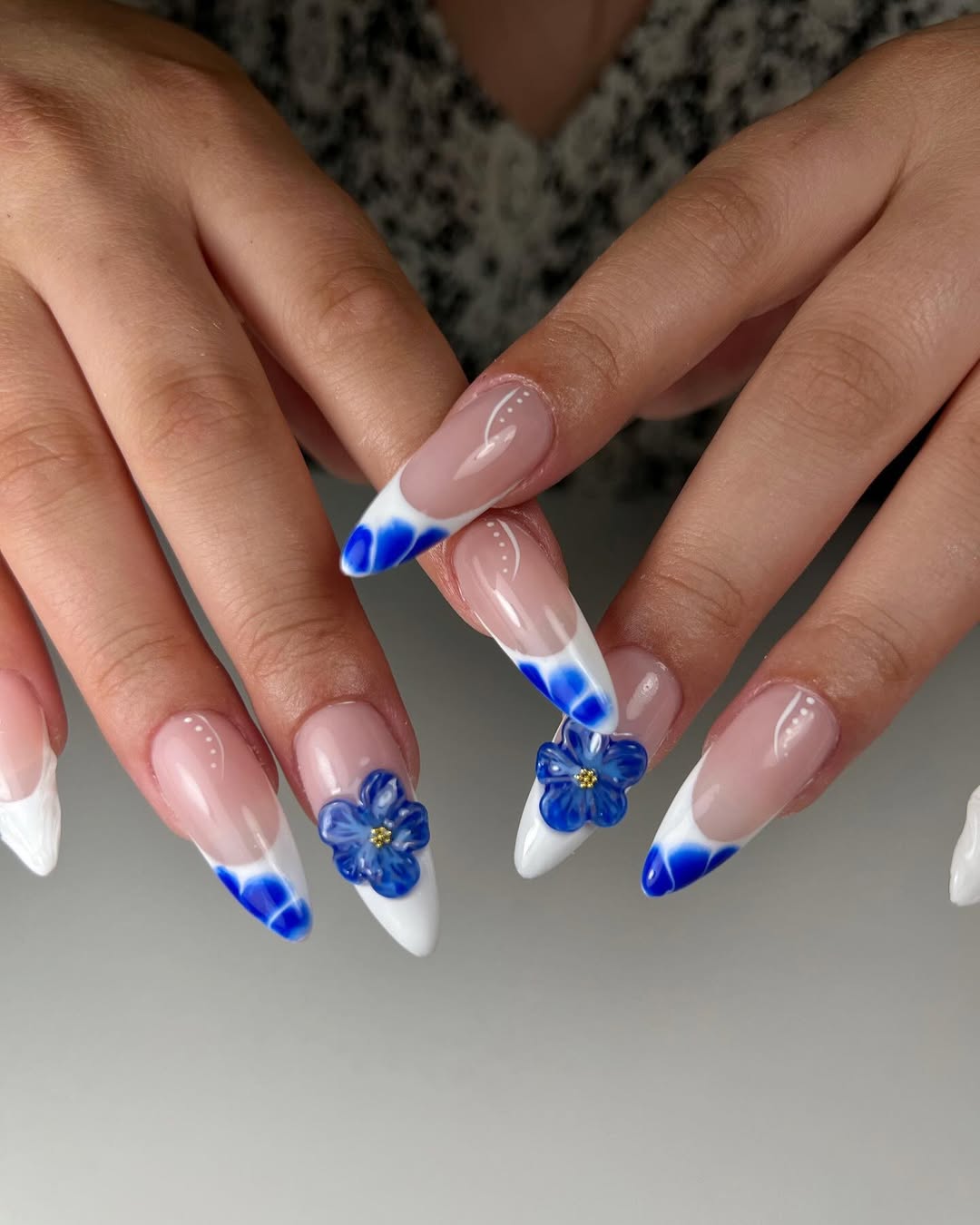 Blue Dip French Tips with 3D Flower Charms
