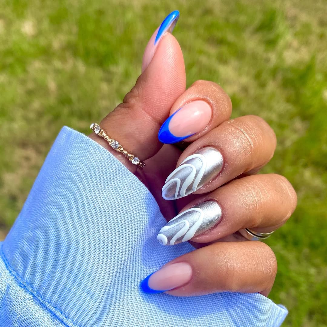 Blue French Tips and Silver Chrome Swirls
