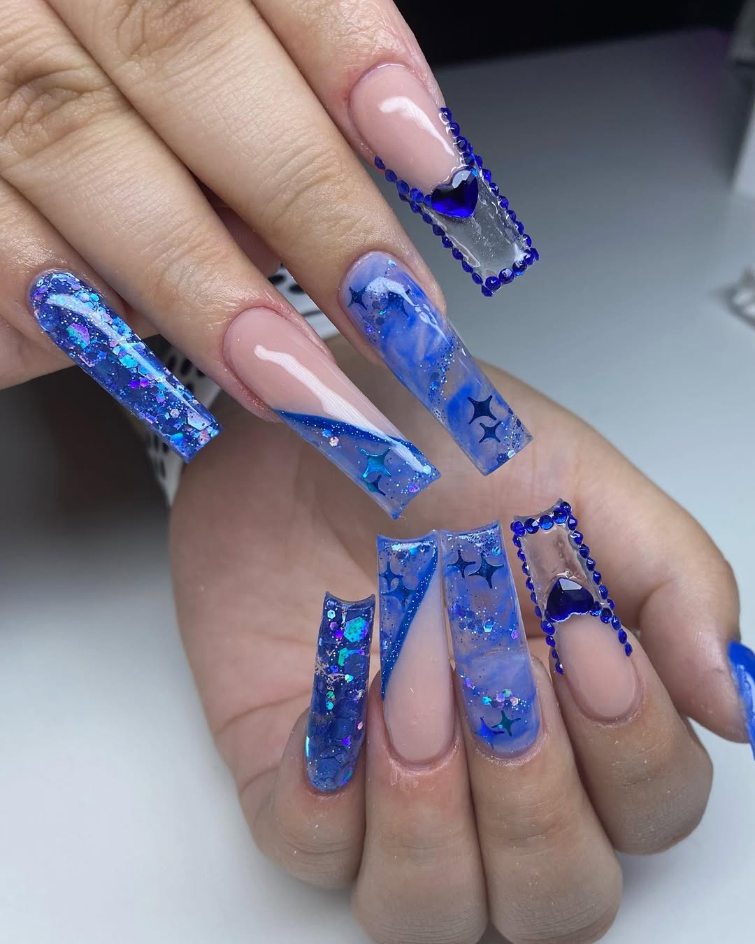 Blue Glitter Rhinestone French Tips with 3D Charms