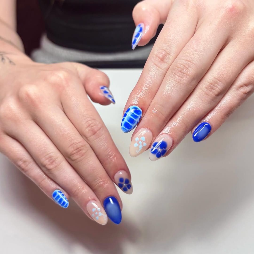 Blue Gradiant and Plaid Almond Gel Nails