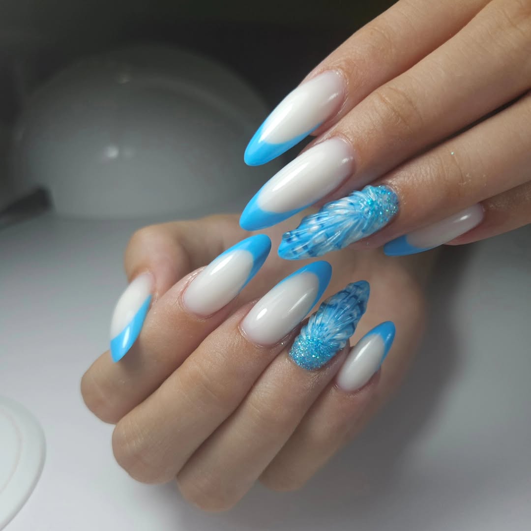 Blue Ocean French Tips with 3D Shell Accents