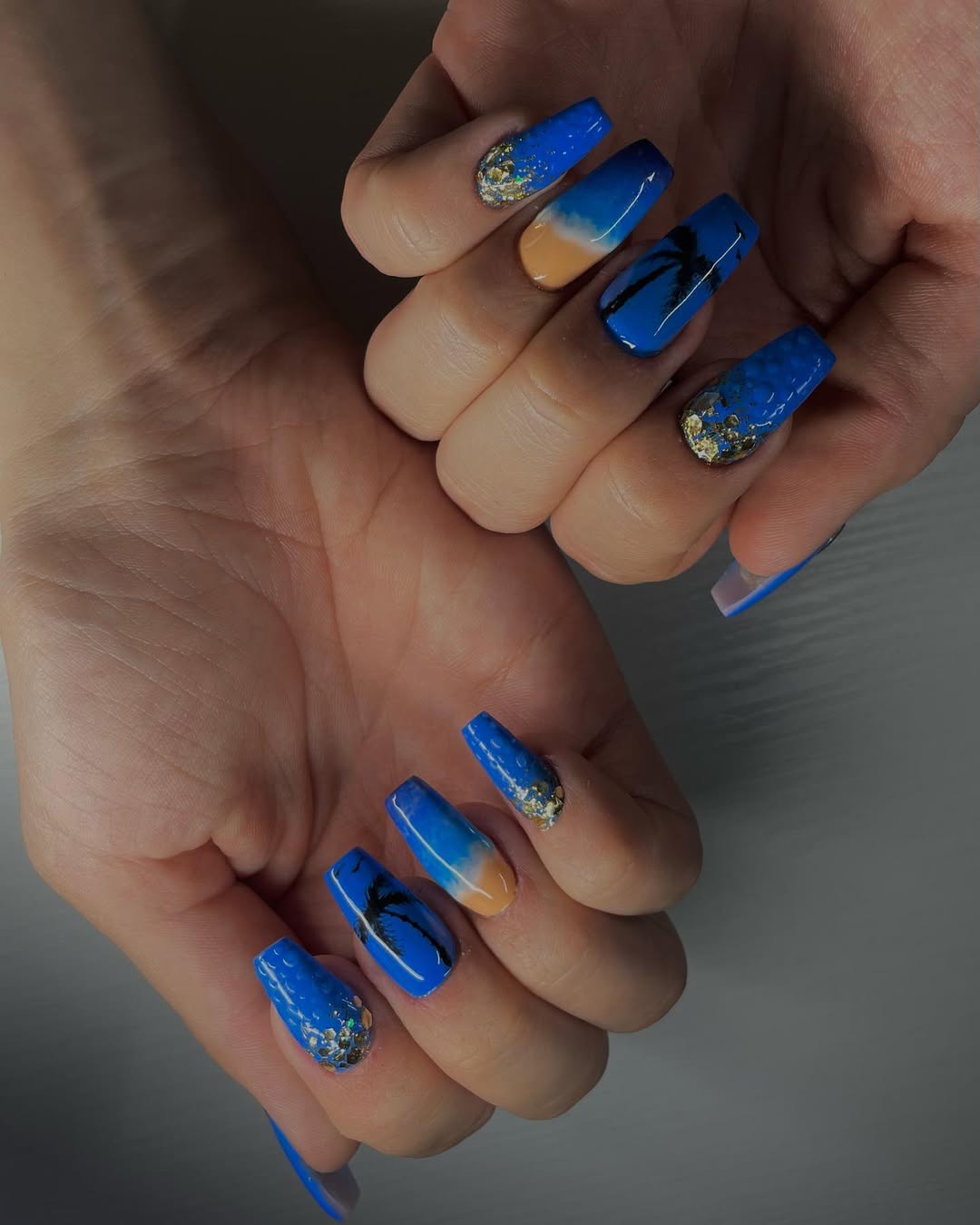 Blue Ocean Glitter Palm Tree Coffin Nails