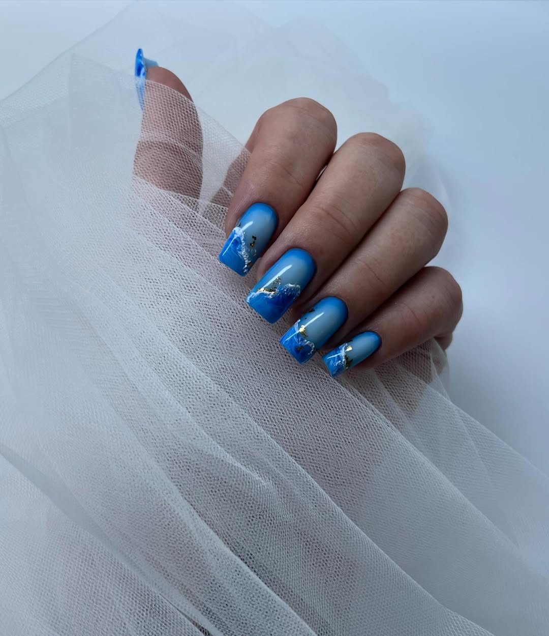 Blue Ocean Wave Ombré Square Gold Foil Inclusions