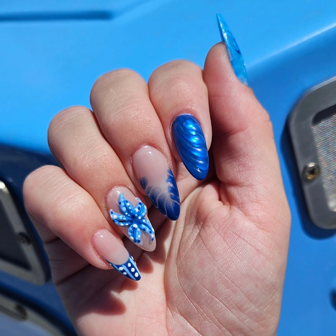 Blue Ocean Wave Starfish Pointed Nails