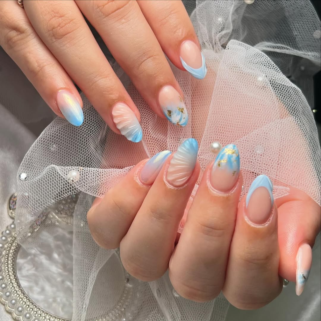 Blue Ombré Shell French Tip Almond Nails
