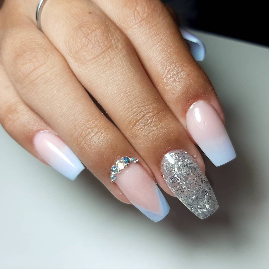 Blue Ombre Glitter Coffin Summer Nails